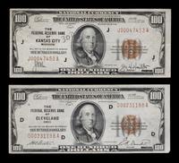 Two United States 1929 $100 Federal Reserve Bank Notes
