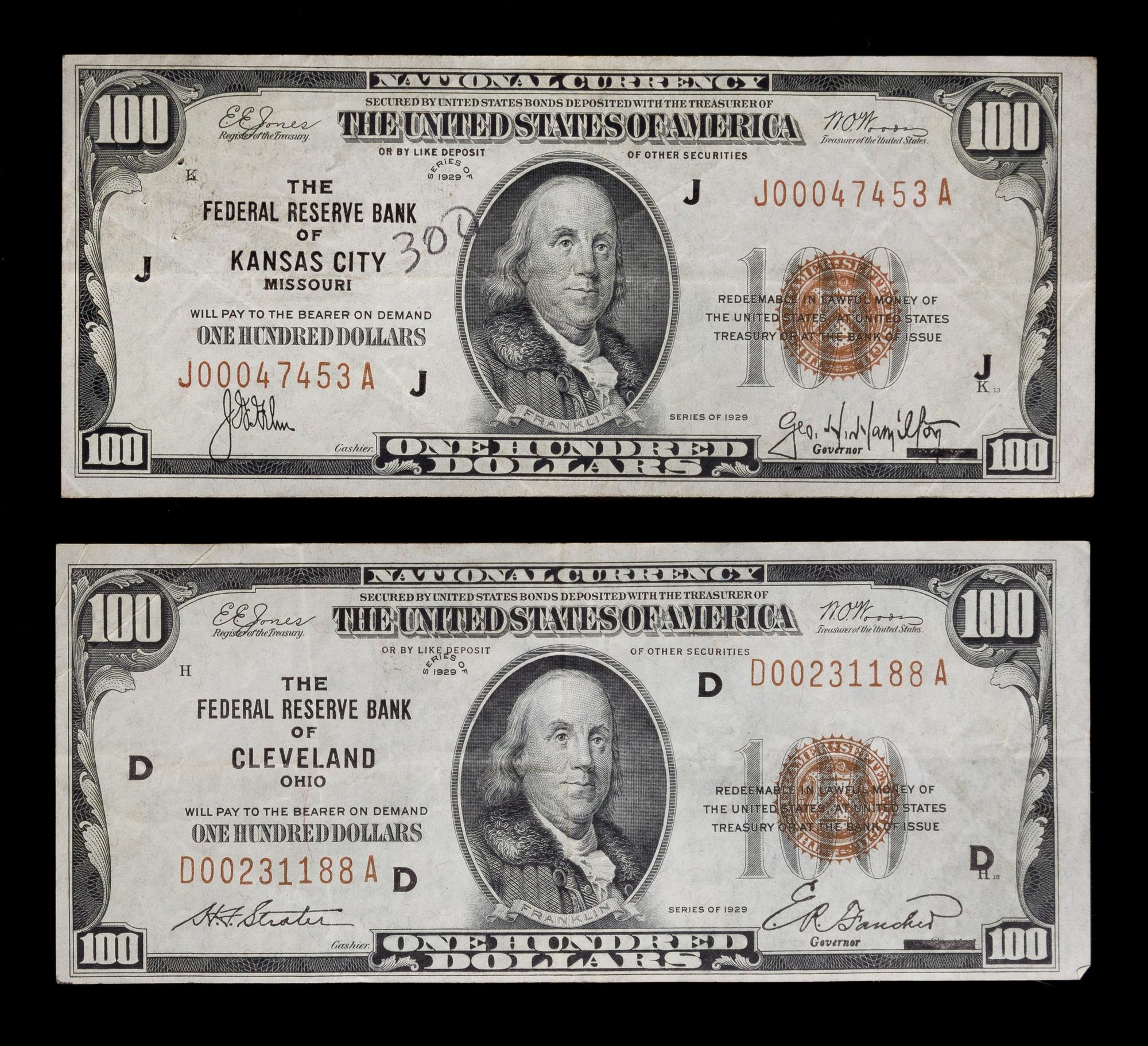 Two United States 1929 $100 Federal Reserve Bank Notes