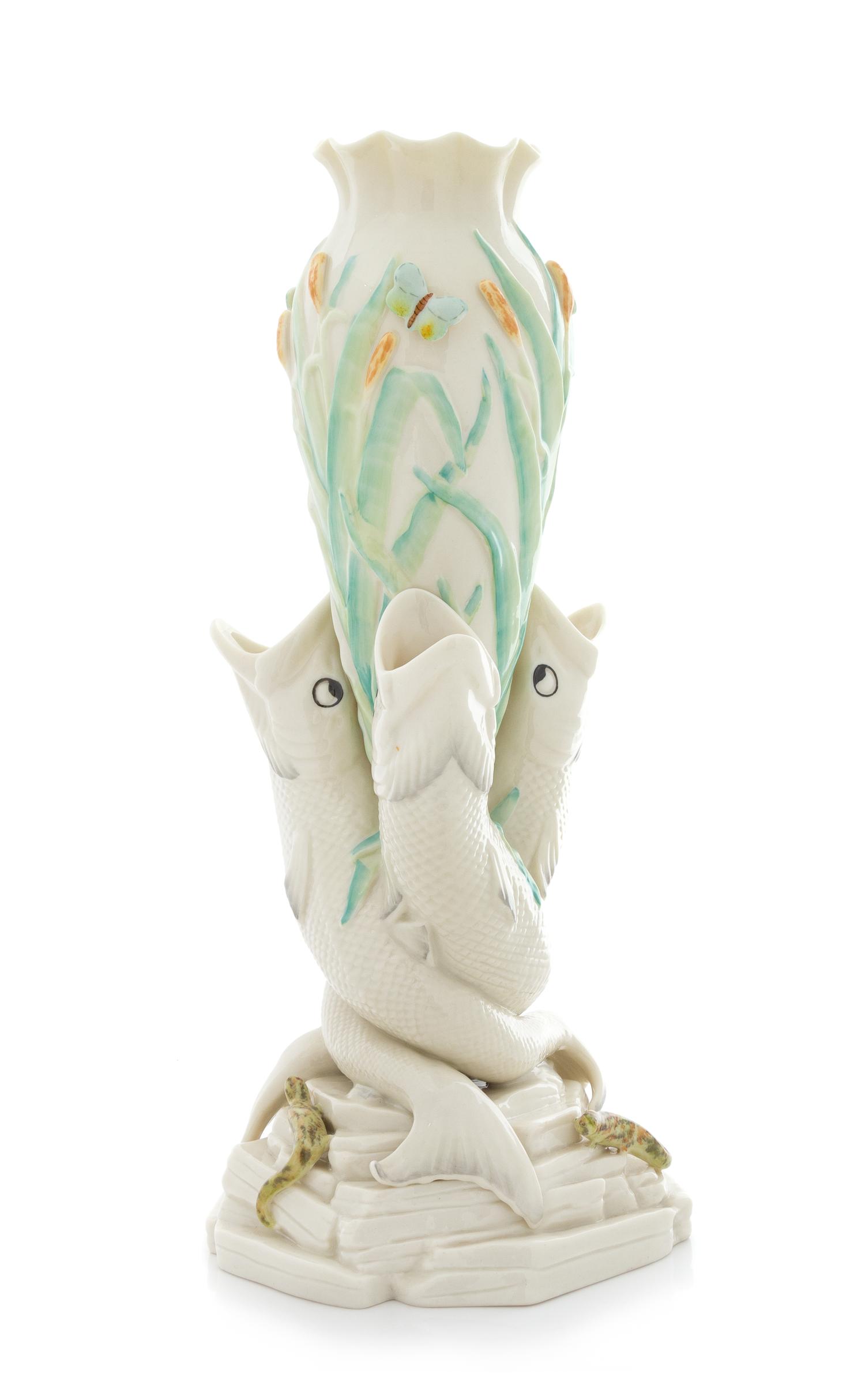 A Belleek Triple Fish Vase Height 15 1 /2 inches. — SIXTH GREEN MARK (1965-1980)