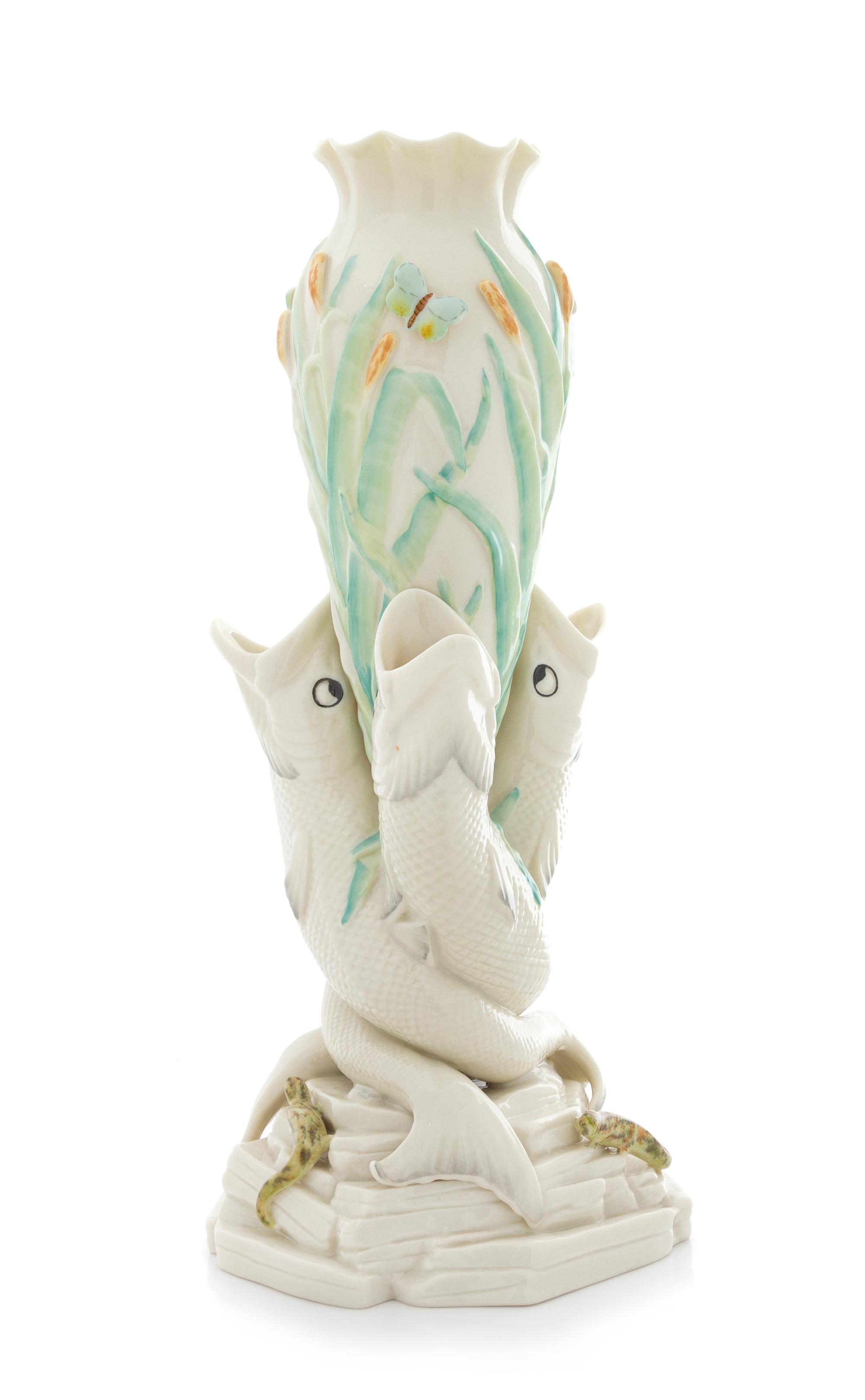 A Belleek Triple Fish Vase Height 15 1 /2 inches. — SIXTH GREEN MARK (1965-1980)
