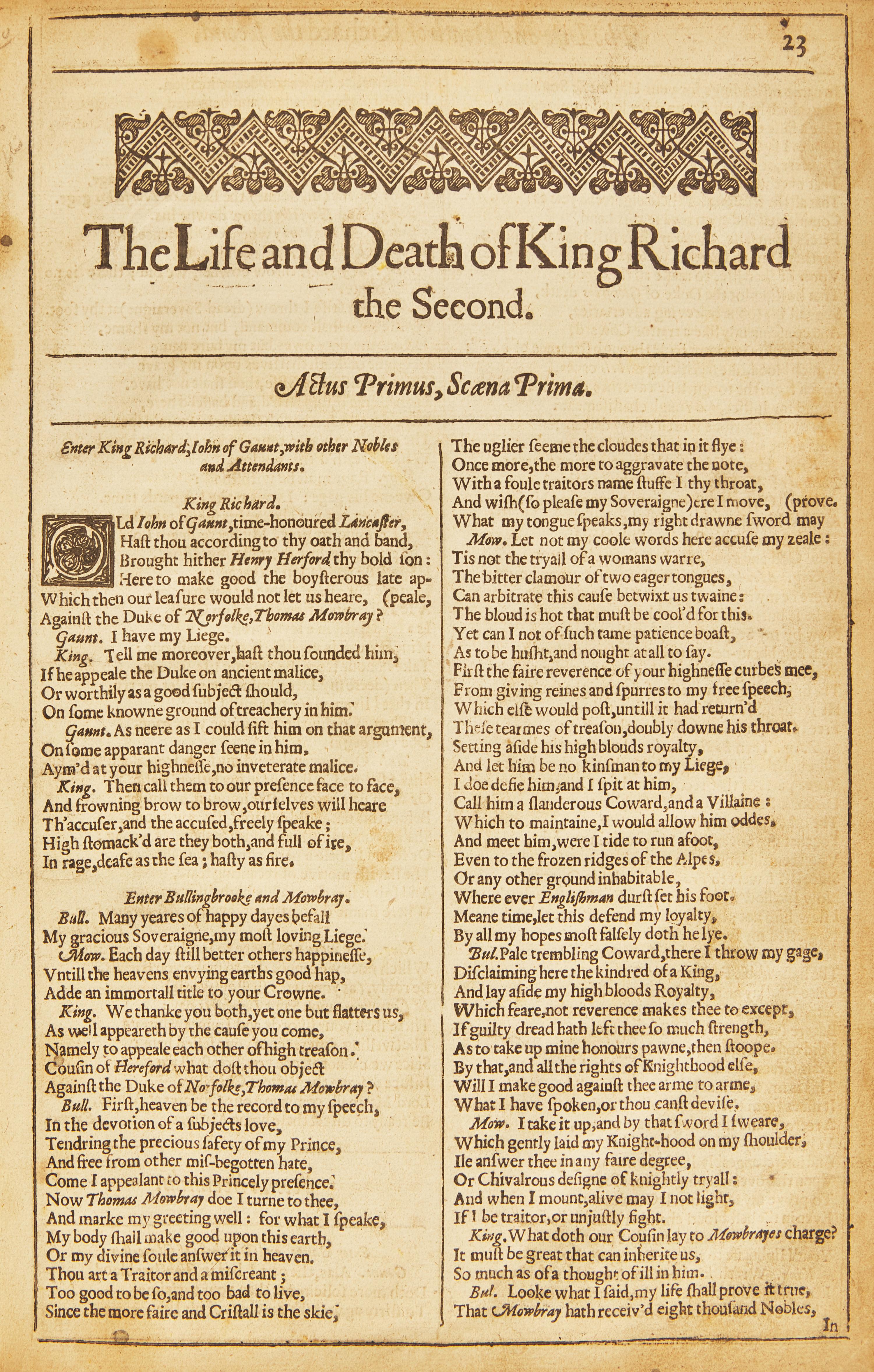 [Literature] [Shakesepeare, William] King Henry the Fourth, Leaf Extracted From the First Folio, Bound With Leaves From the Second Folio