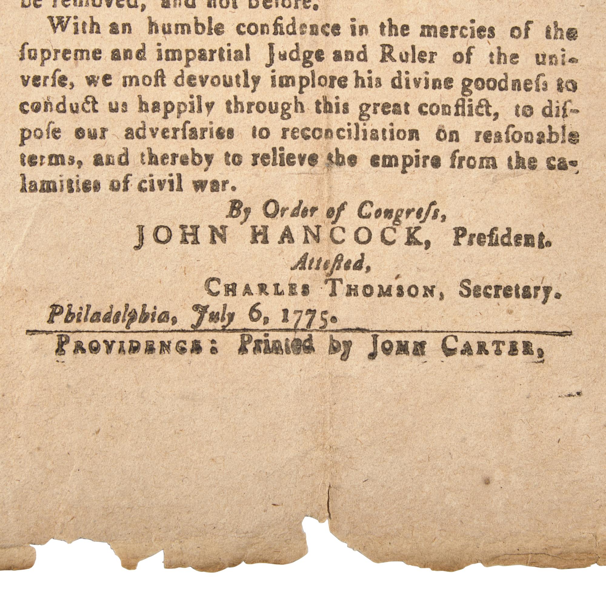 [American Revolution] (Dickinson, John, and Thomas Jefferson). A Declaration of the Representatives of the United Colonies of North-America, now met in General Congress at Philadelphia, setting forth the Causes and Necessity of their taking up Arms