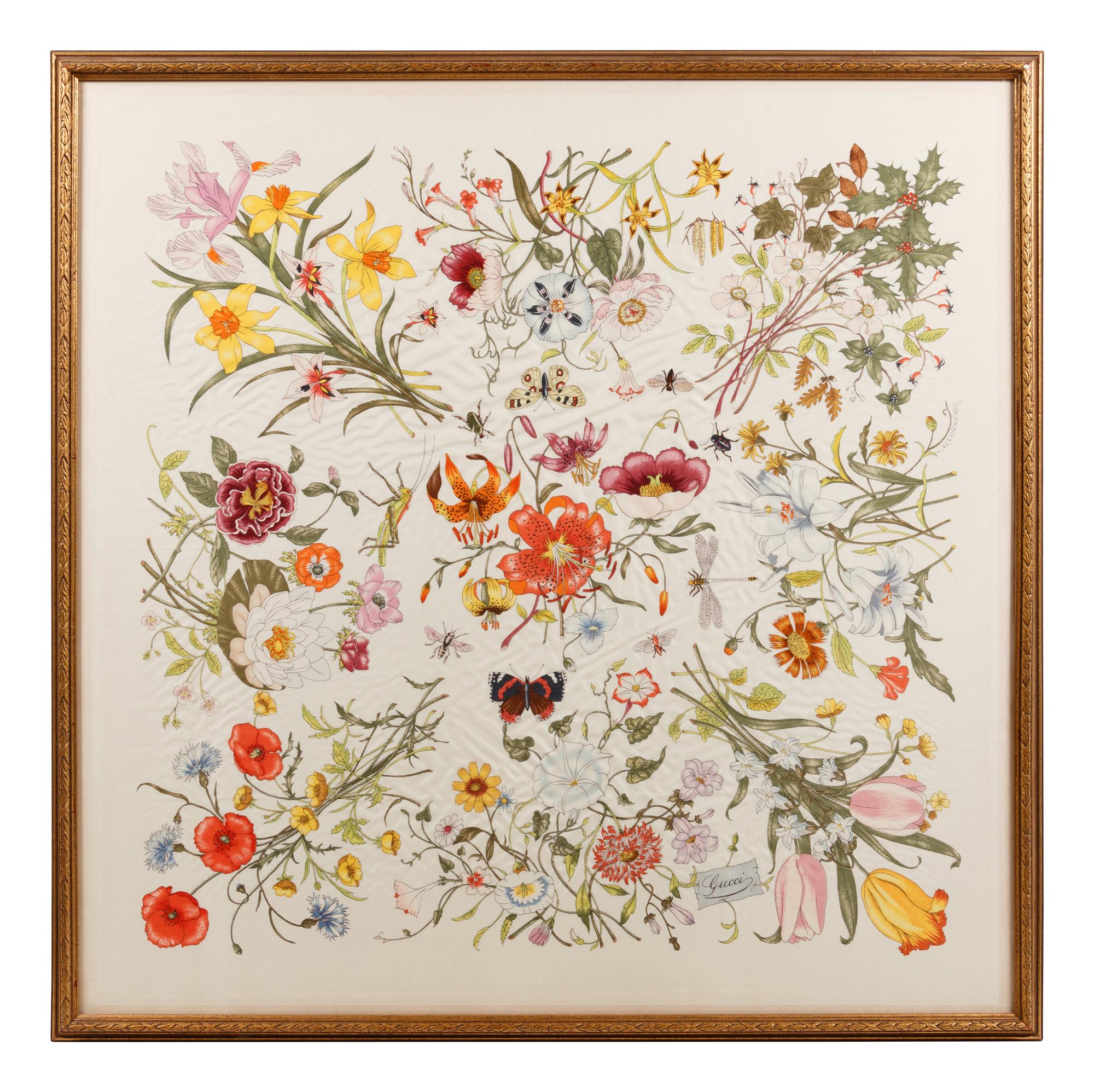 Two Framed Gucci Silk Scarves