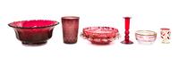 A Collection of Red Glass Articles Diameter of longest 11 inches.