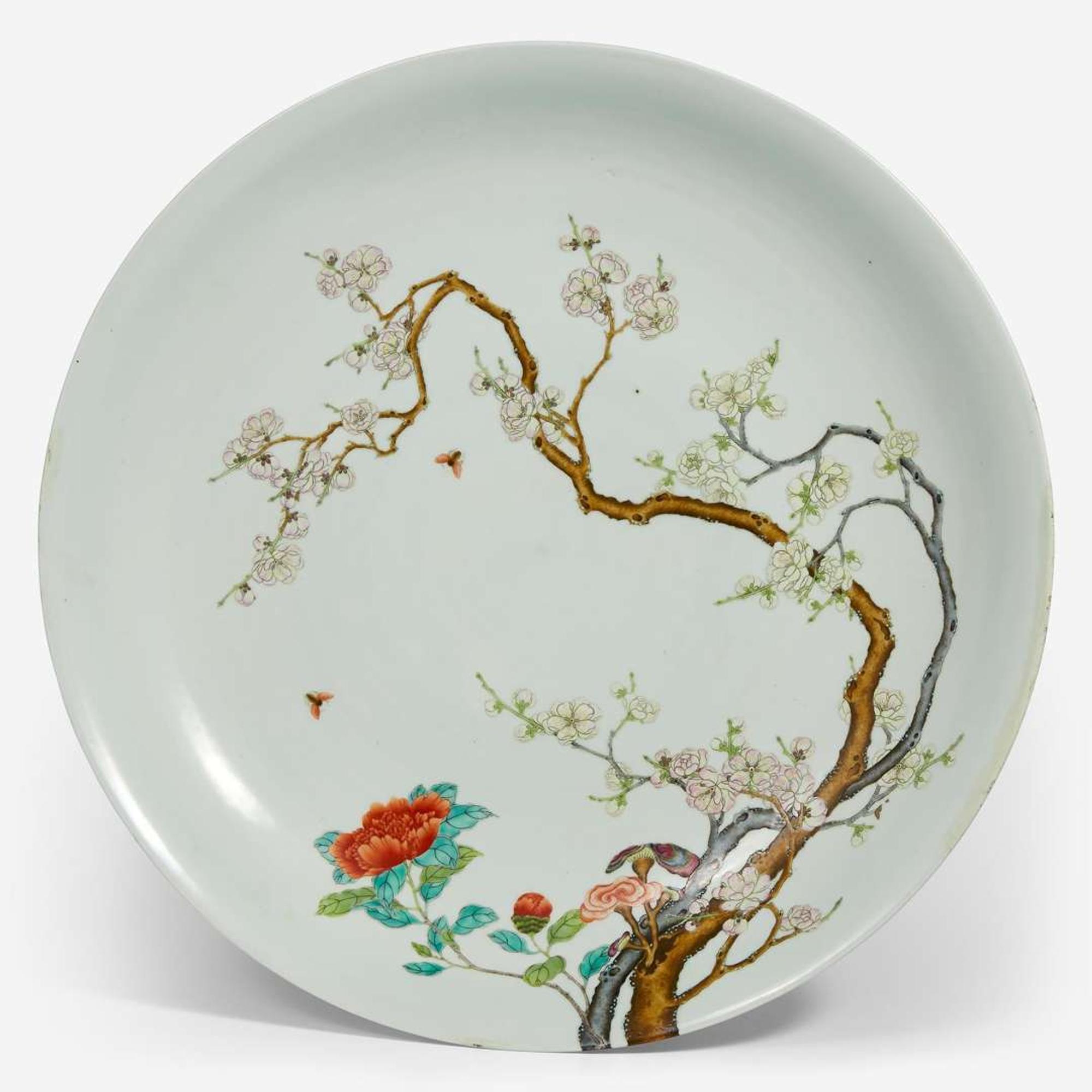 A large Chinese enameled porcelain floral charger 琺瑯彩過枝花卉大盤 Yongzheng six-character mark ?????????