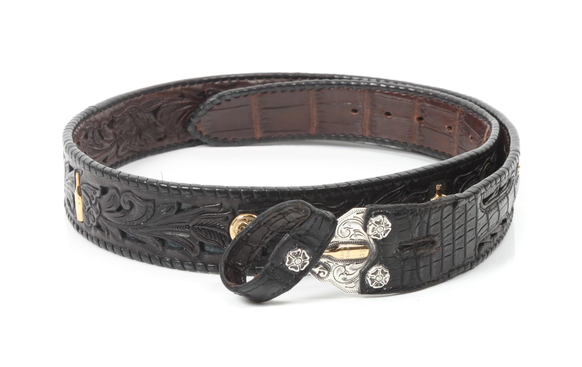Edward H. Bohlin, Hollywood, CA Silver, Yellow Gold and Tooled Black Leather Belt With Tip and Keeper
