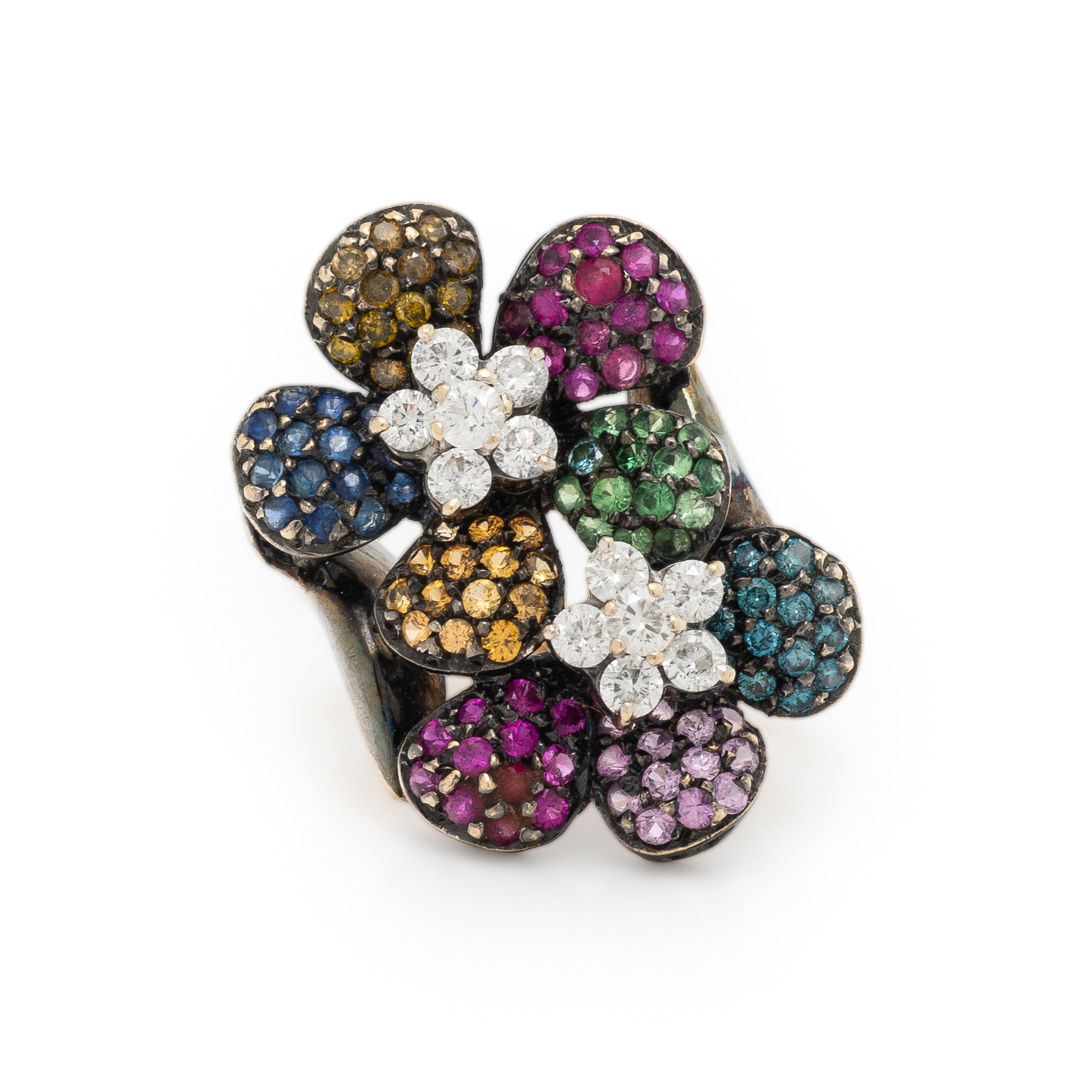 Multigem, Diamond, and Bicolor Gold Flower Ring