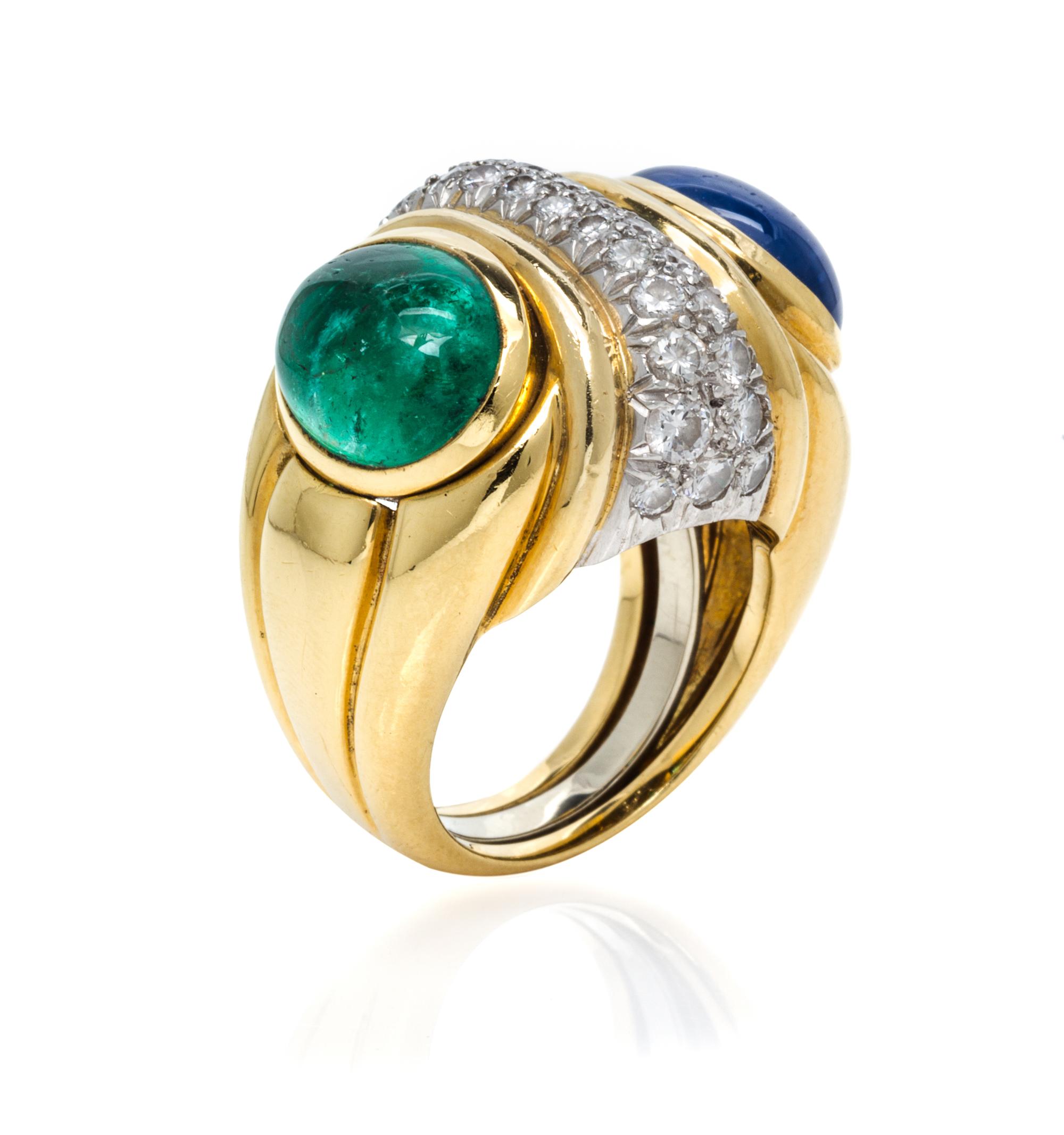 An 18 Karat Yellow Gold, Platinum, Emerald, Sapphire and Diamond Ring, David Webb, 16.00 dwts.
