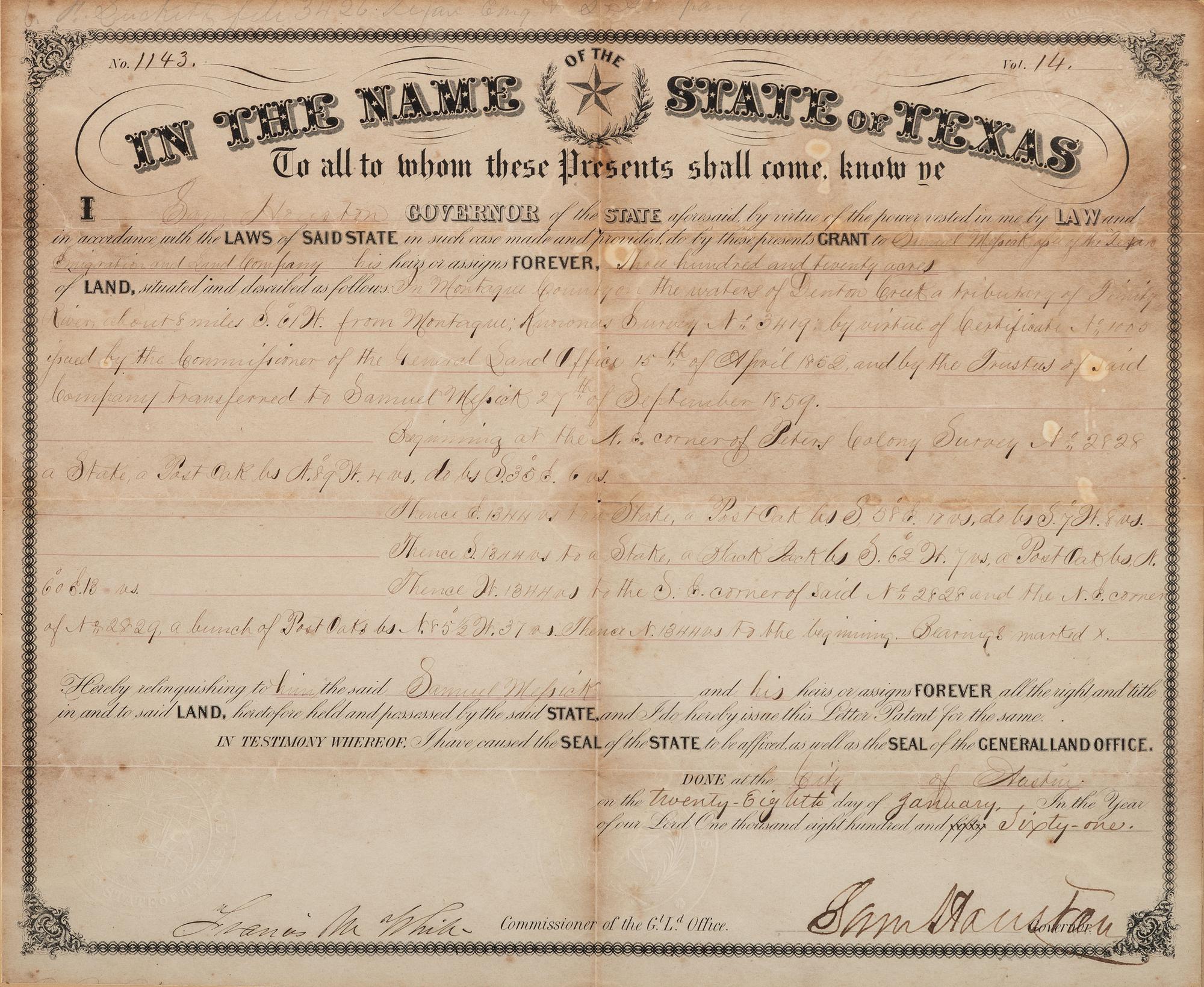 HOUSTON, Sam (1793-1863). Texas land grant signed ("Sam Houston"), as Governor of Texas. Austin, TX, 28 January 1861.