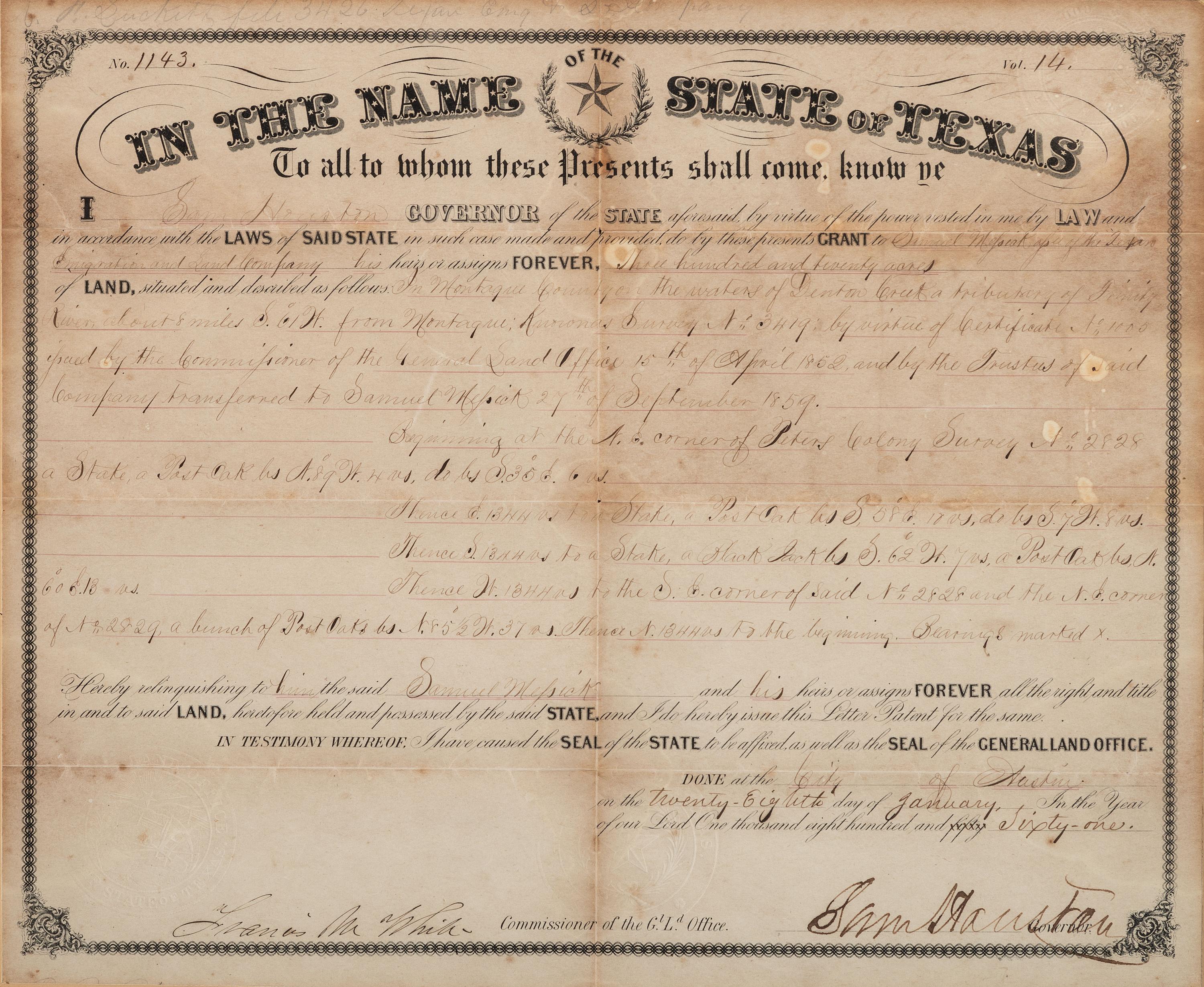 HOUSTON, Sam (1793-1863). Texas land grant signed ("Sam Houston"), as Governor of Texas. Austin, TX, 28 January 1861.