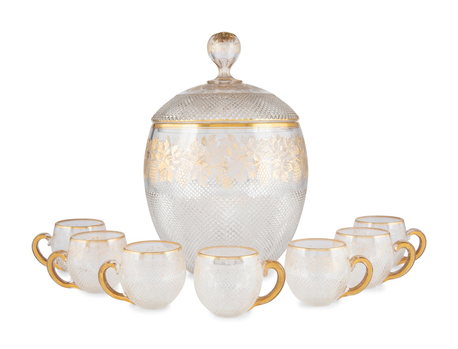 A Baccarat Style Cut and Parcel Gilt Glass Punch Set