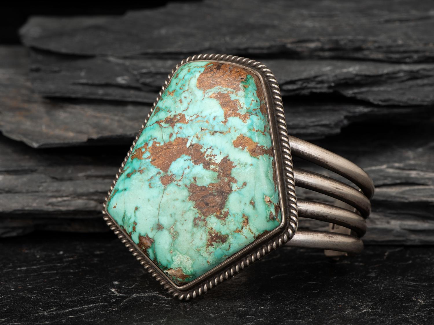 Heavy Sterling Silver Cuff Bracelet, with Large Turquoise Stone