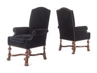 A Pair of William and Mary Style Velvet-Upholstered Walnut Armchairs