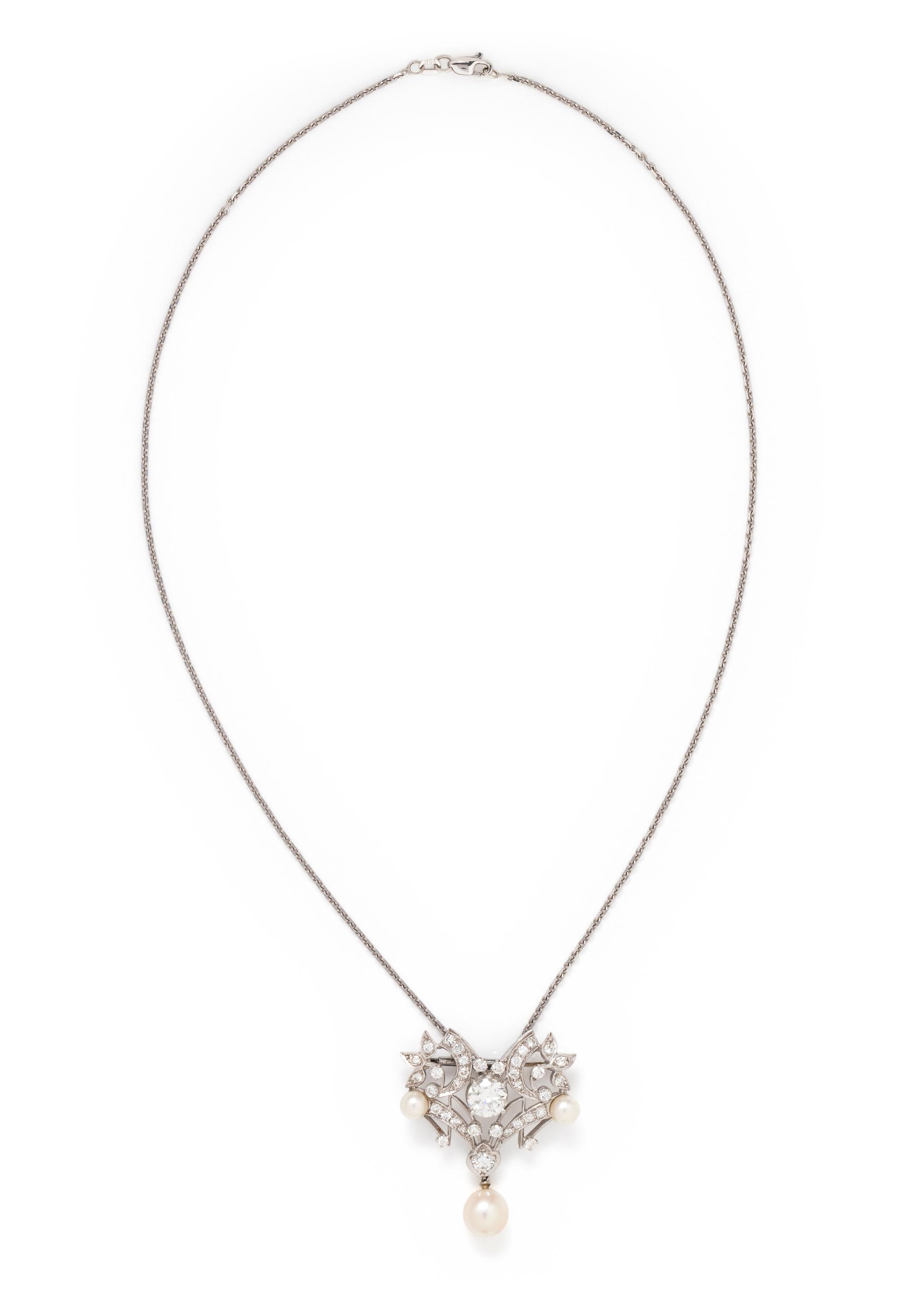 DIAMOND AND CULTURED PEARL PENDANT/BROOCH NECKLACE