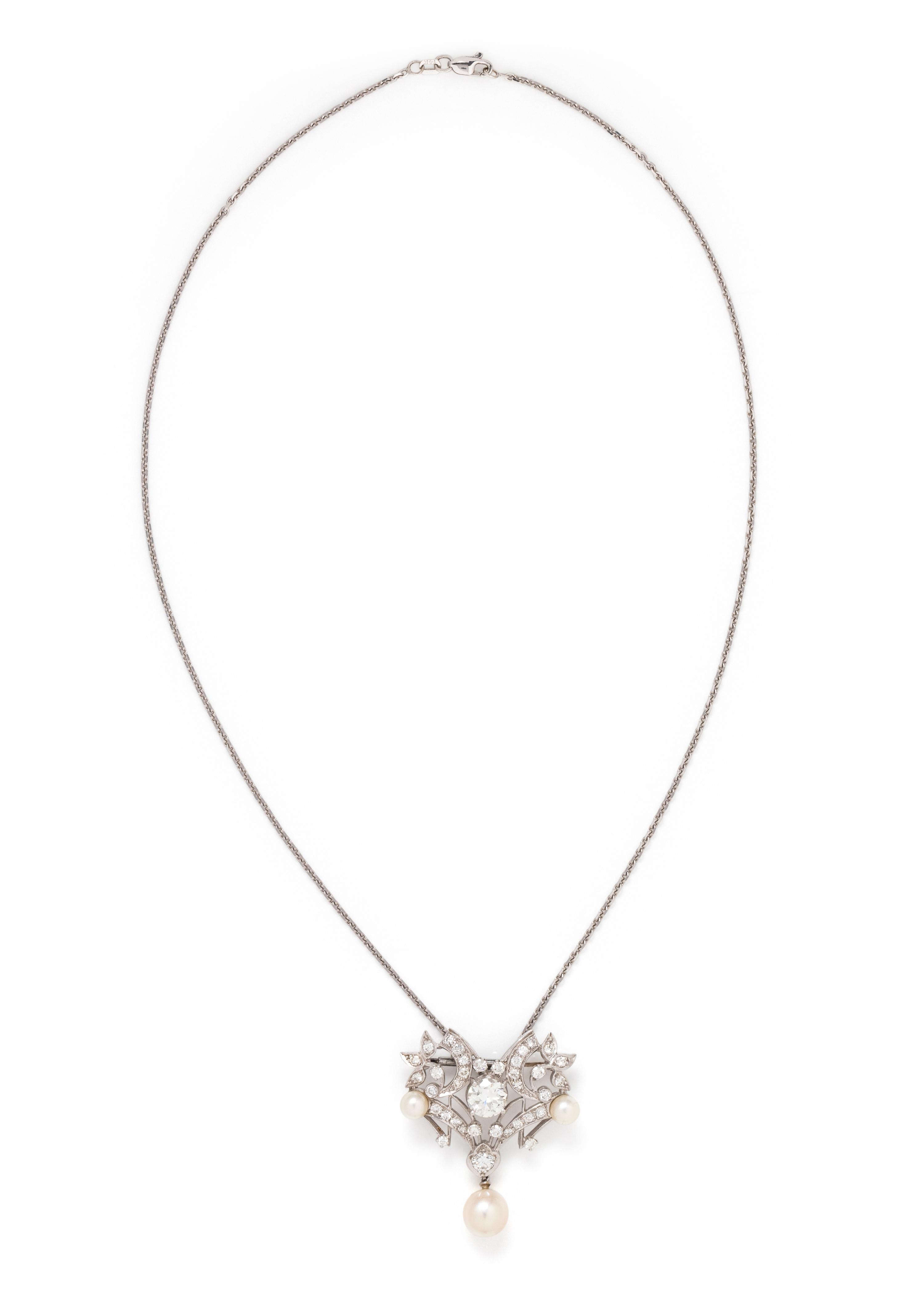DIAMOND AND CULTURED PEARL PENDANT/BROOCH NECKLACE
