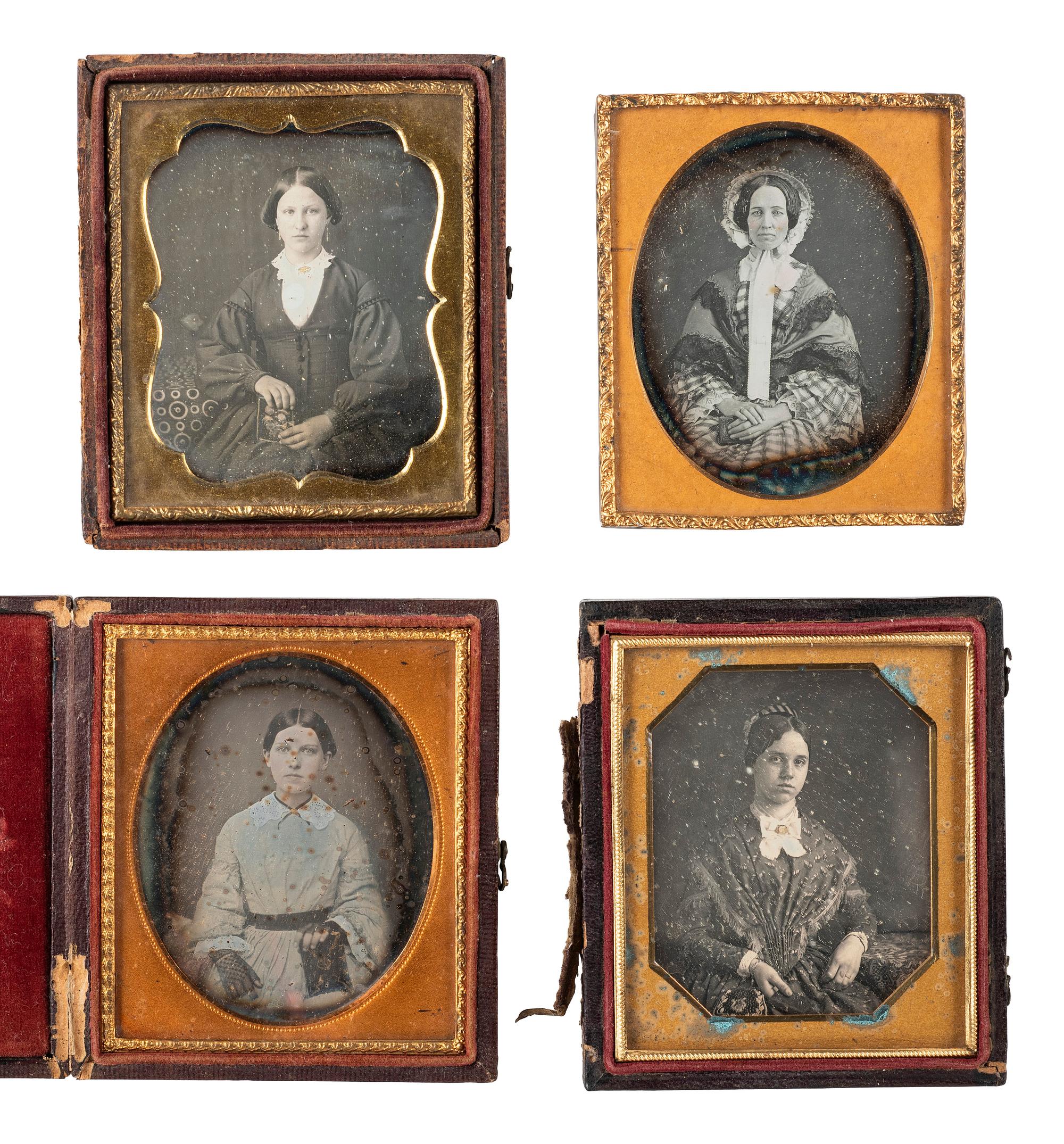 [EARLY PHOTOGRAPHY]. 22 sixth plate daguerreotypes of women posed with books and cased images.