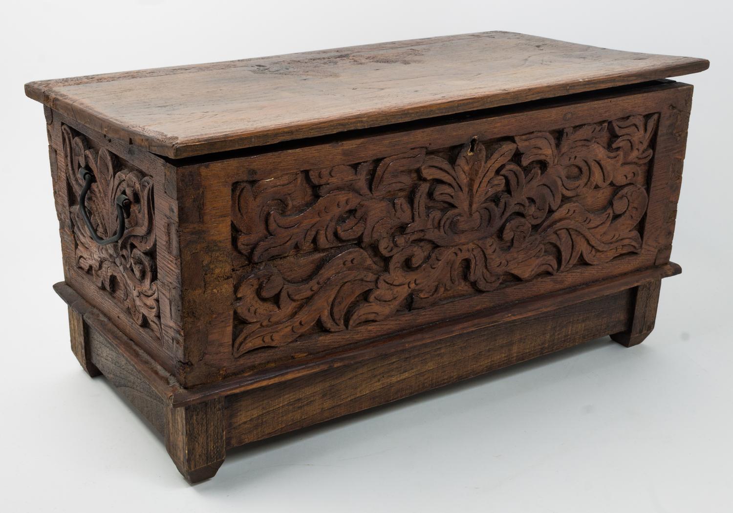 A Dutch Colonial Carved Campaign Chest Height 14 x width 25 1/2 x depth 13 inches. — 19TH CENTURY