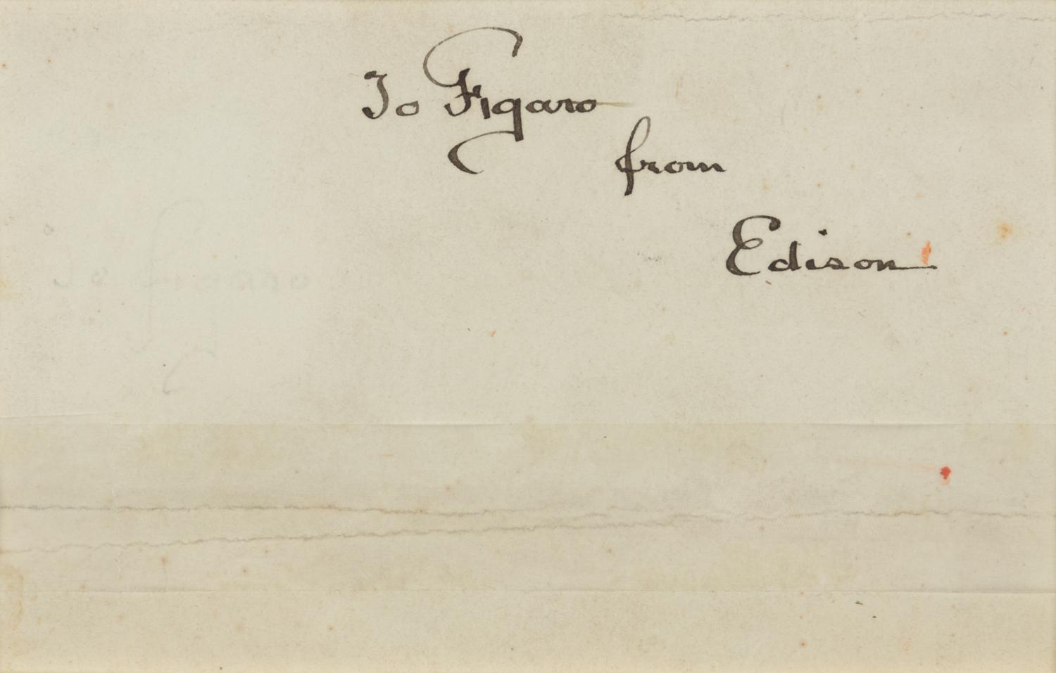 EDISON, Thomas (1847-1931). Sepia photograph, signed verso (“Edison”) and additionally inscribed to Figaro, n.d. [ca 1888].