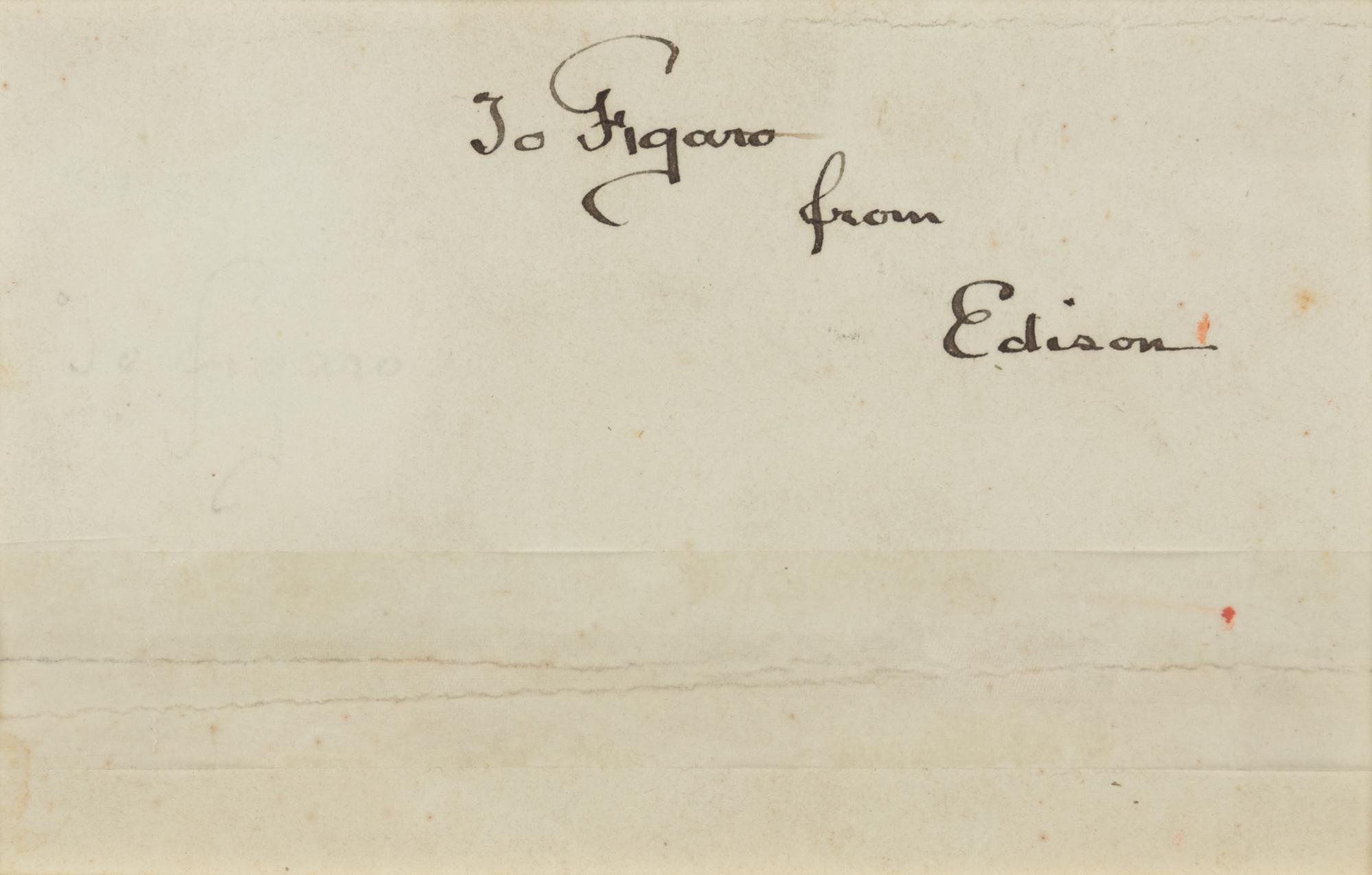 EDISON, Thomas (1847-1931). Sepia photograph, signed verso (“Edison”) and additionally inscribed to Figaro, n.d. [ca 1888].