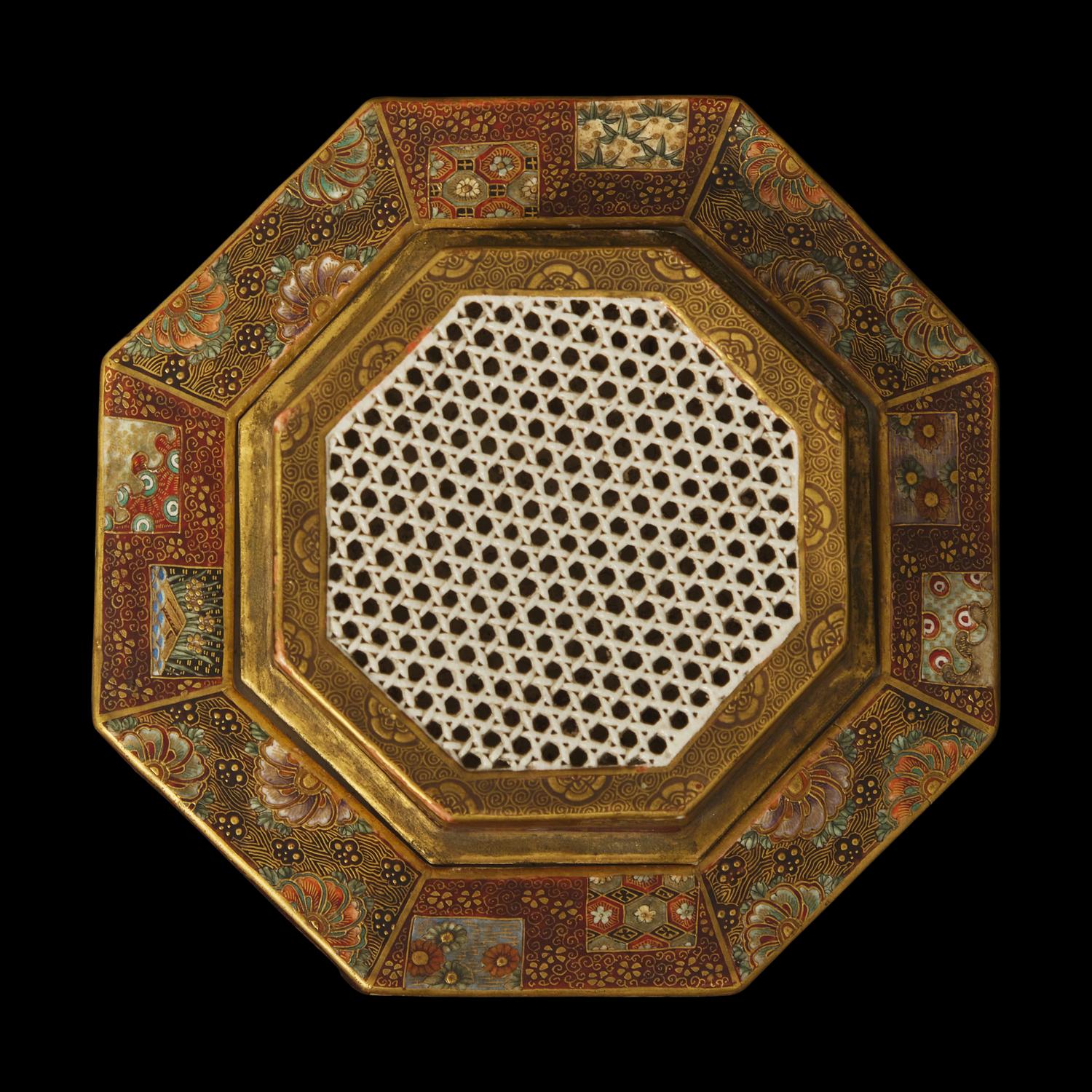 A Japanese Satsuma Reticulated Koro and Cover, Okamoto Ryozan for the Yasuda Company, Meiji Period 日本明治時期 薩摩燒八方香爐