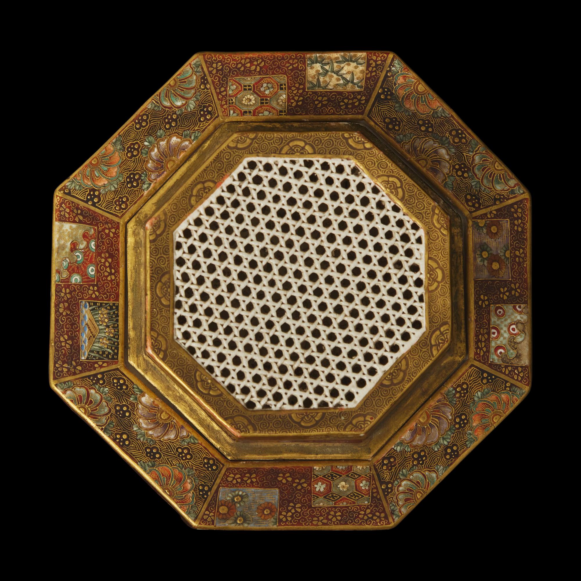 A Japanese Satsuma Reticulated Koro and Cover, Okamoto Ryozan for the Yasuda Company, Meiji Period 日本明治時期 薩摩燒八方香爐