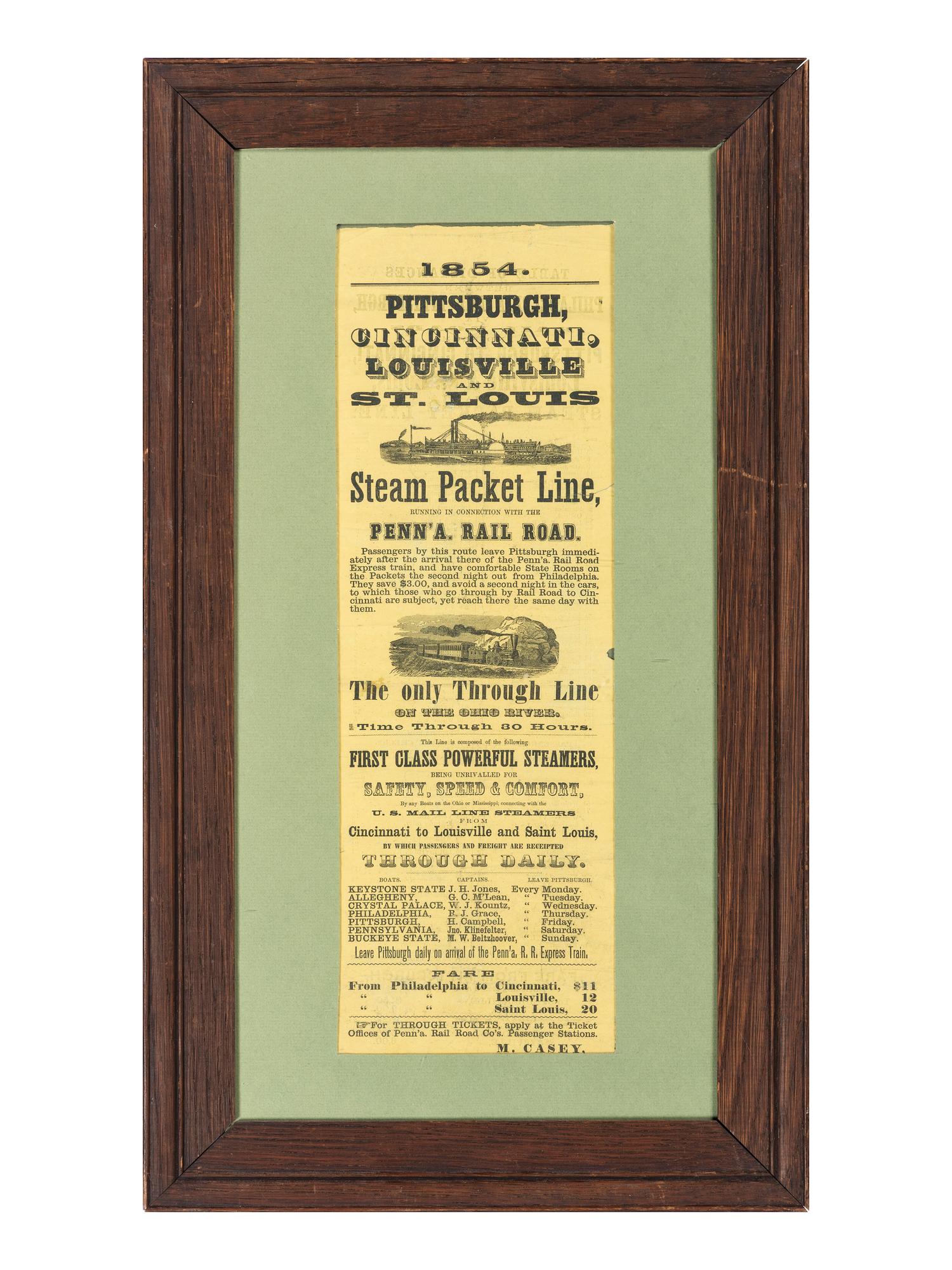 [TRANSPORTATION - STEAMBOATS]. Pittsburgh, Cincinnati, Louisville and St. Louis Steam Packet Line . 1854.
