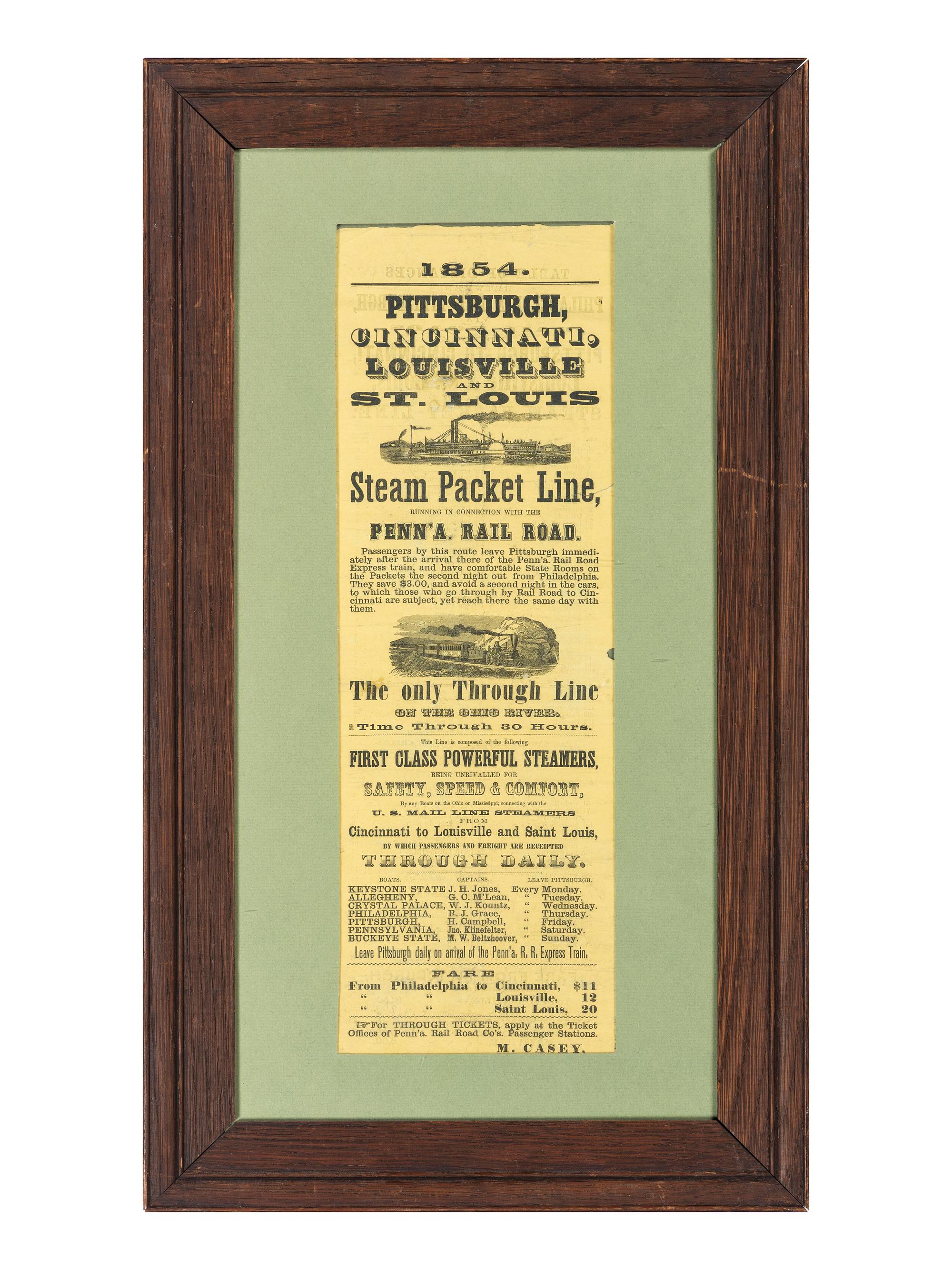[TRANSPORTATION - STEAMBOATS]. Pittsburgh, Cincinnati, Louisville and St. Louis Steam Packet Line . 1854.