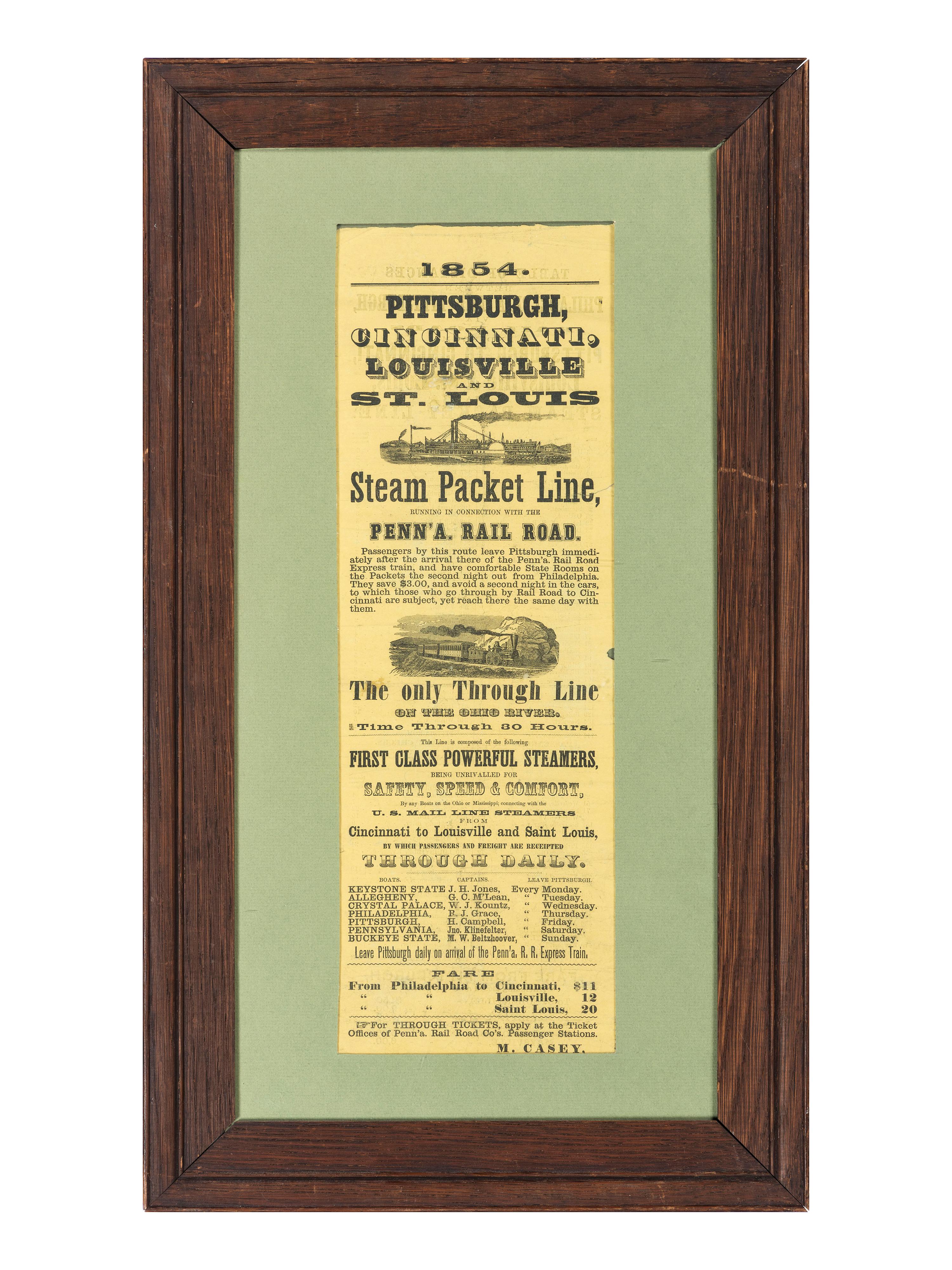 [TRANSPORTATION - STEAMBOATS]. Pittsburgh, Cincinnati, Louisville and St. Louis Steam Packet Line . 1854.