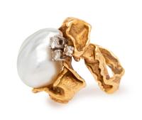 Gilbert Albert, Brutalist, Cultured Pearl and Diamond Ring