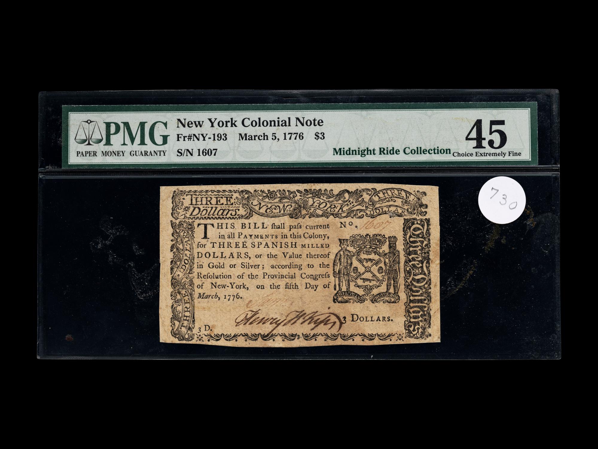 A New York March 5, 1776 $3 Note (PMG XF45) [Fr. NY-193]