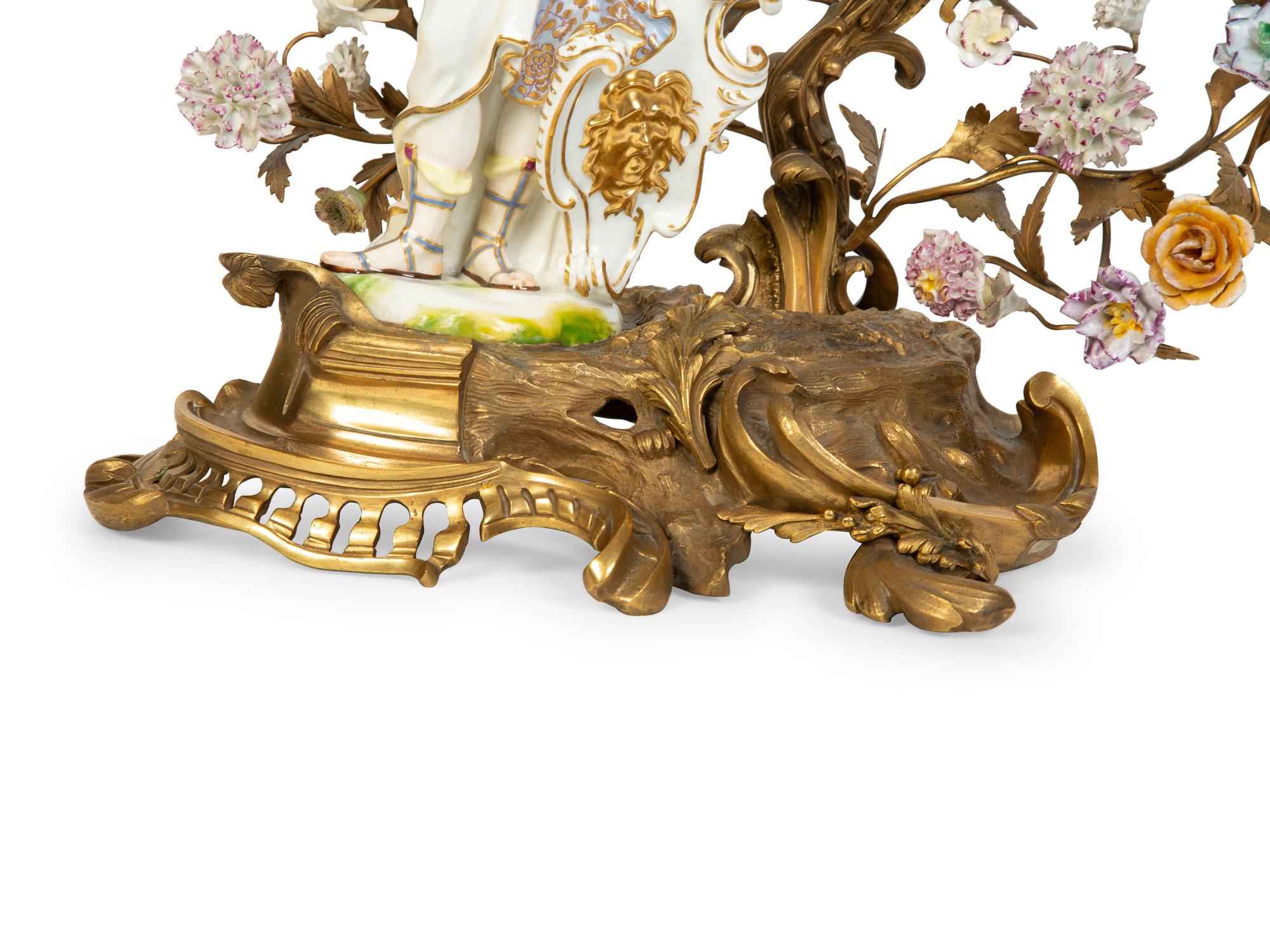 A Continental Gilt Bronze and Porcelain Figural Mantel Clock