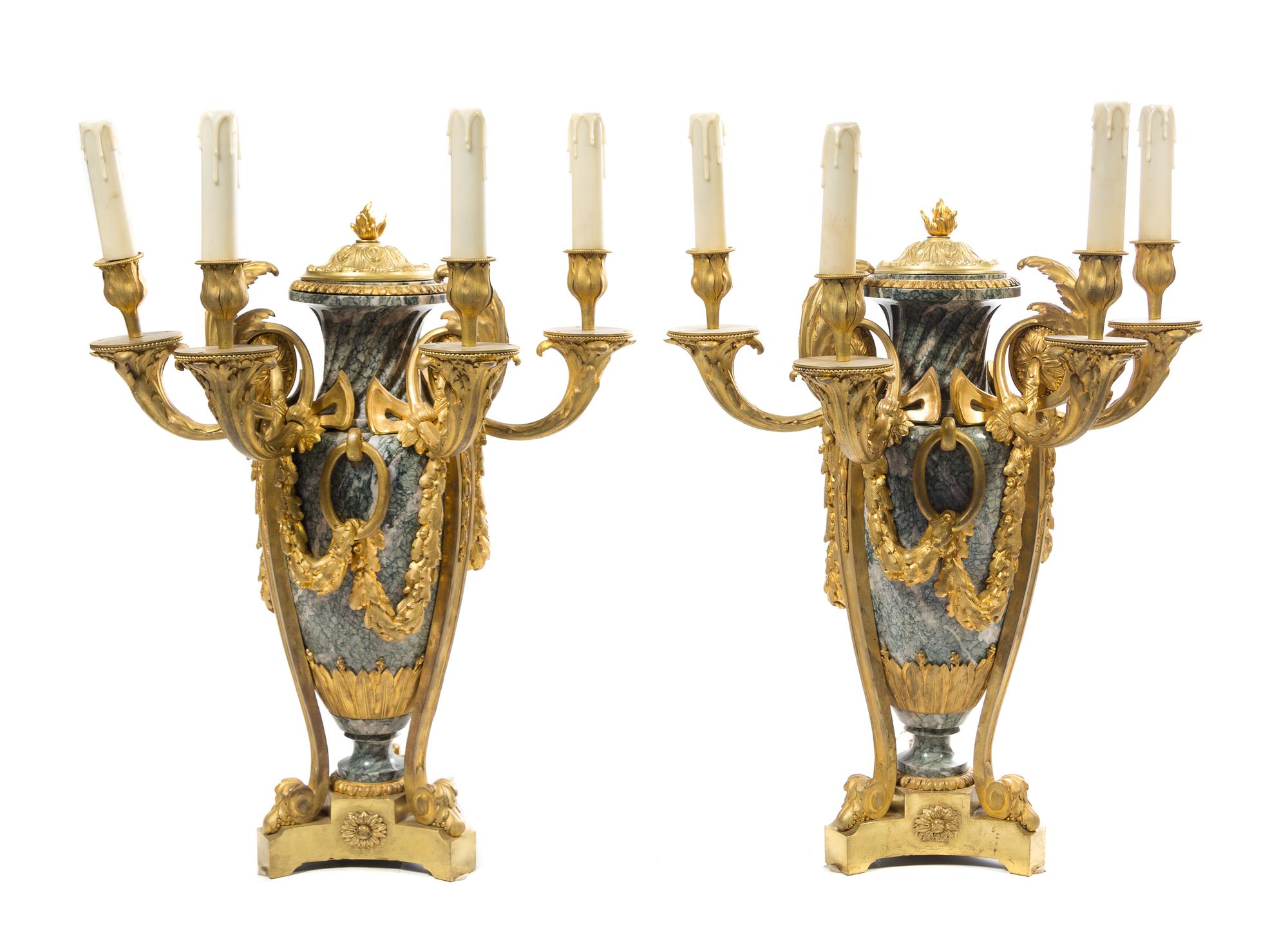 A Pair of Napoleon III Gilt Bronze and Marble Four-Light Candelabra Height overall 36 inches. — DELISLE FRERES, PARIS, 19TH CENTURY
