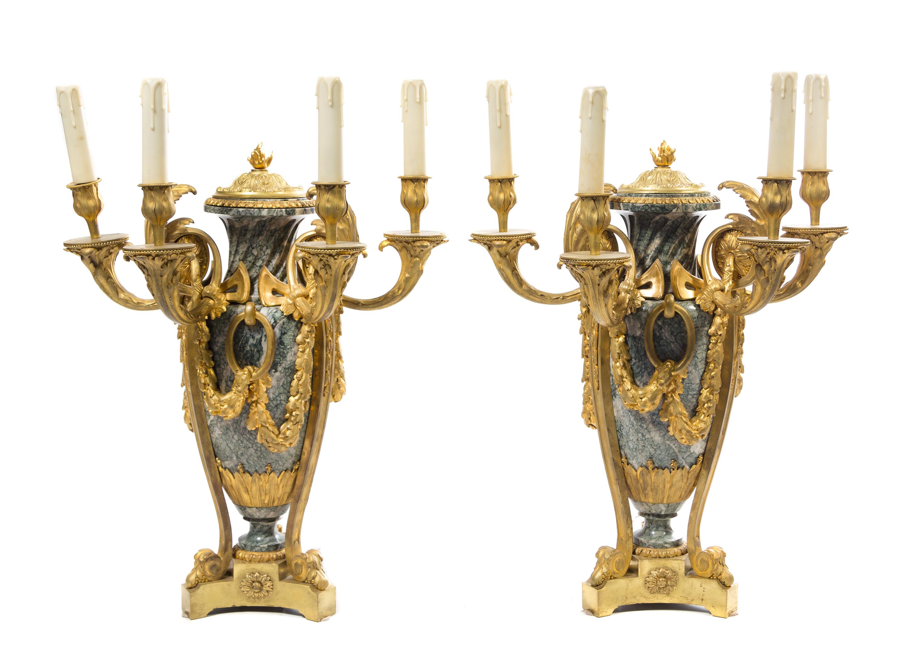 A Pair of Napoleon III Gilt Bronze and Marble Four-Light Candelabra Height overall 36 inches. — DELISLE FRERES, PARIS, 19TH CENTURY