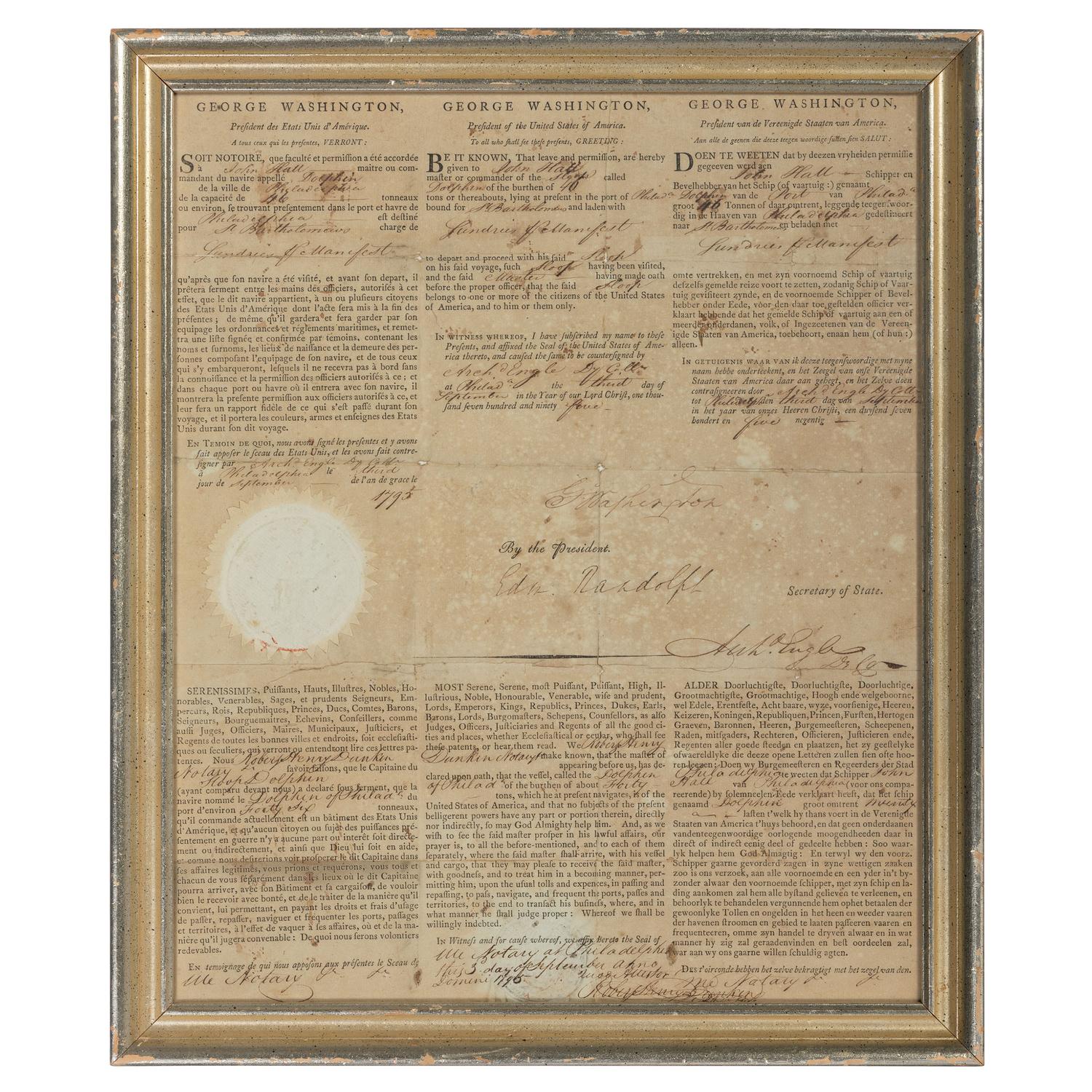 WASHINGTON, George (1732-1799). Partly printed document signed ("G:o Washington"), as President, countersigned by Edmund Randolph as Secretary of State, 3 September 1795.