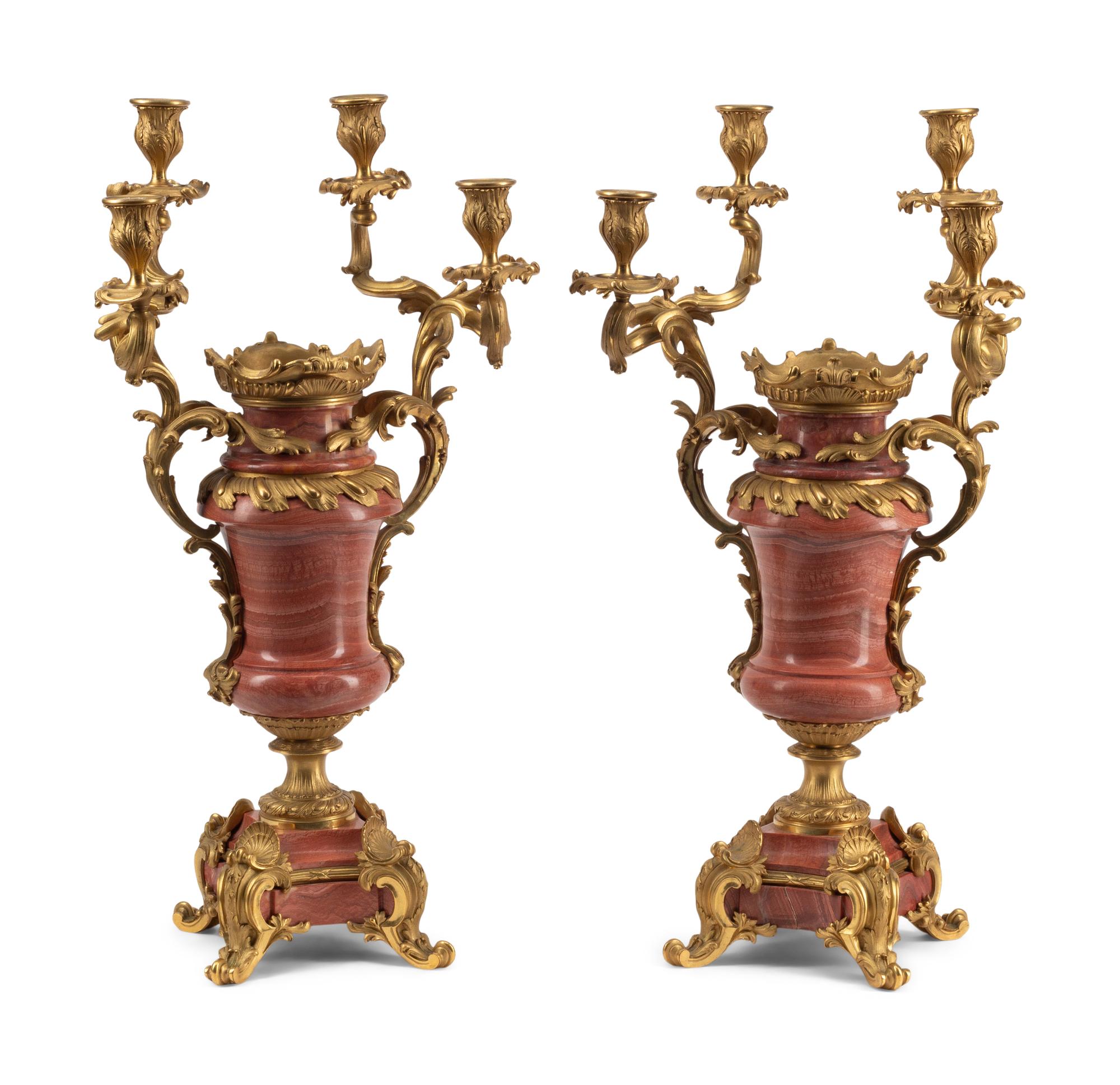 A Pair of French Gilt Bronze and Marble Candelabra