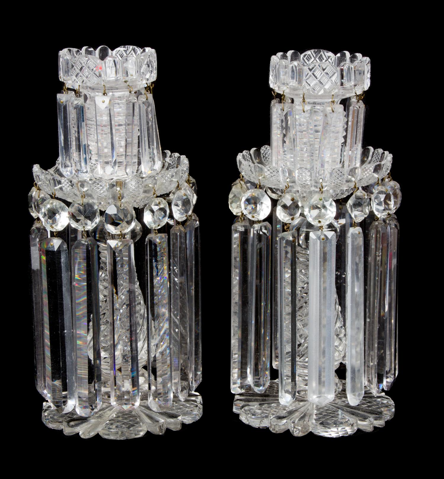 A Pair of Cut Crystal Single Light Girondoles Height 12 1/2 inches.