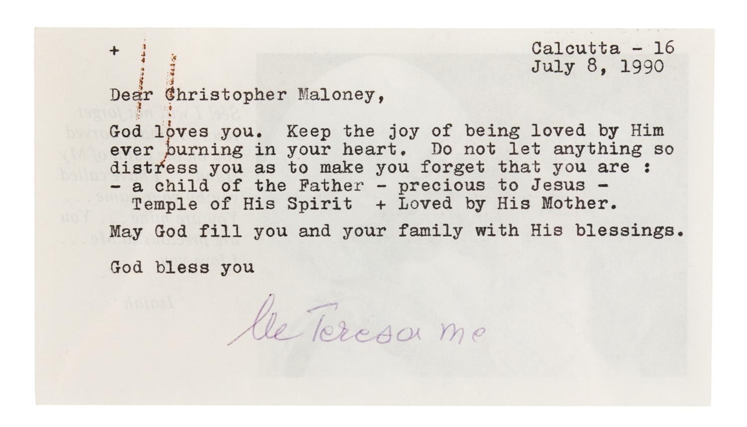 BOJAXHIU, Agnes Gonxha ("Mother Teresa"). Typed letter signed ("lu Teresa me"), to Christopher Maloney. Calcutta, July 8, 1990.
