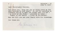 BOJAXHIU, Agnes Gonxha ("Mother Teresa"). Typed letter signed ("lu Teresa me"), to Christopher Maloney. Calcutta, July 8, 1990.