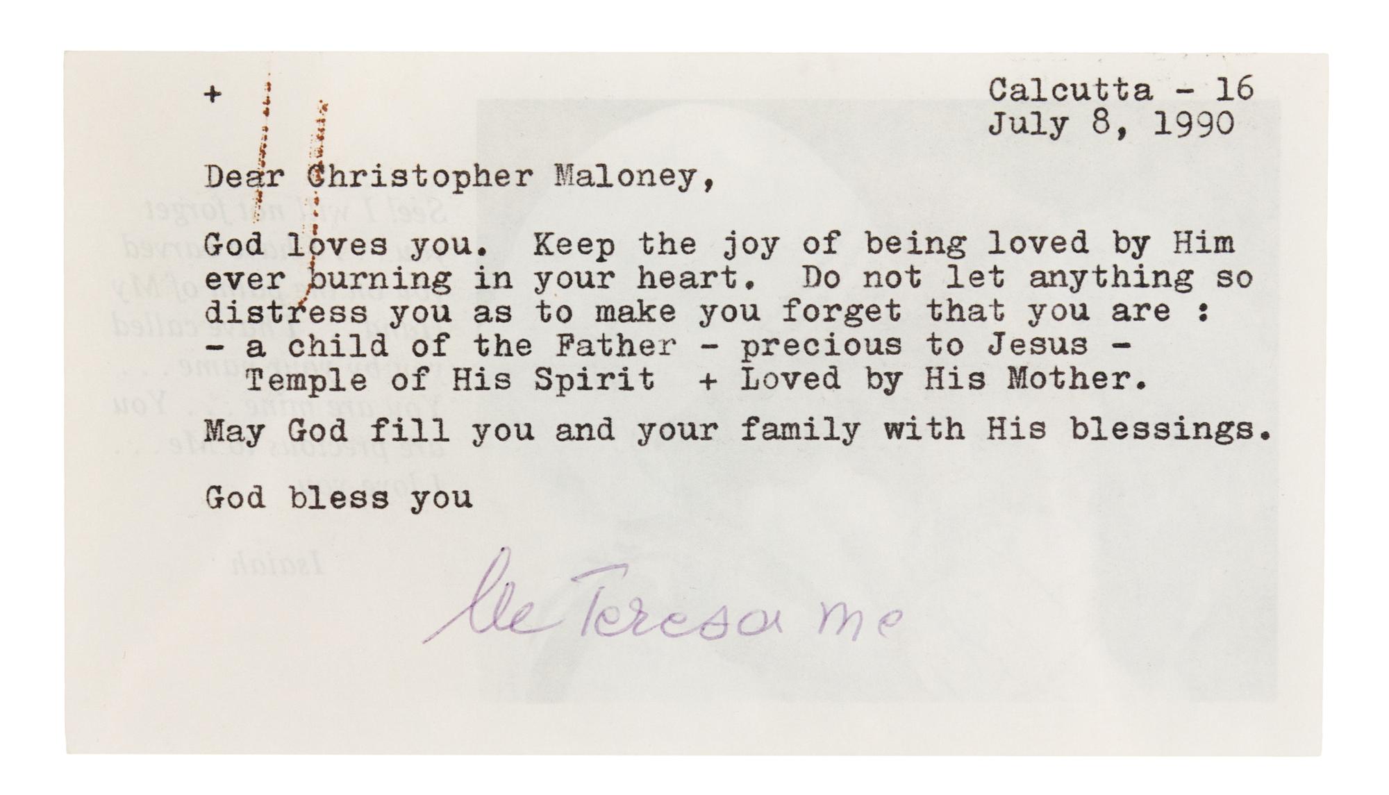 BOJAXHIU, Agnes Gonxha ("Mother Teresa"). Typed letter signed ("lu Teresa me"), to Christopher Maloney. Calcutta, July 8, 1990.