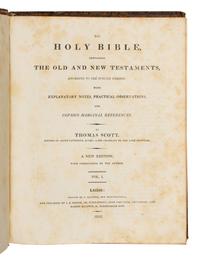 [BIBLE, in English]. The Holy Bible, Containing the Old and New Testaments, According to the Publick Version: with explanatory notes, practical observations and copious marginal references by Thomas Scott. London: C. Baldwin for Seeley et al, 1812-1814.