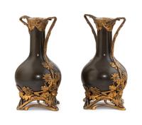 A Pair of Thiebaut Frères Patinated and Gilt Bronze Vases