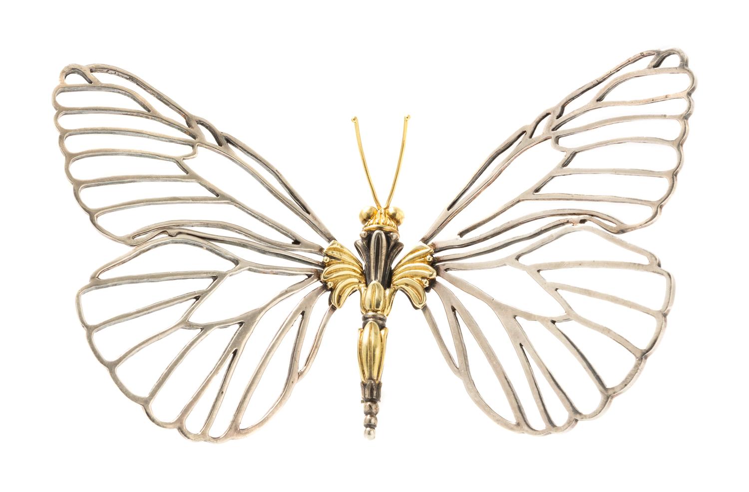 A Sterling Silver and 18 Karat Yellow Gold Caviar Butterfly Brooch, Steven Lagos, 47.40 dwts.