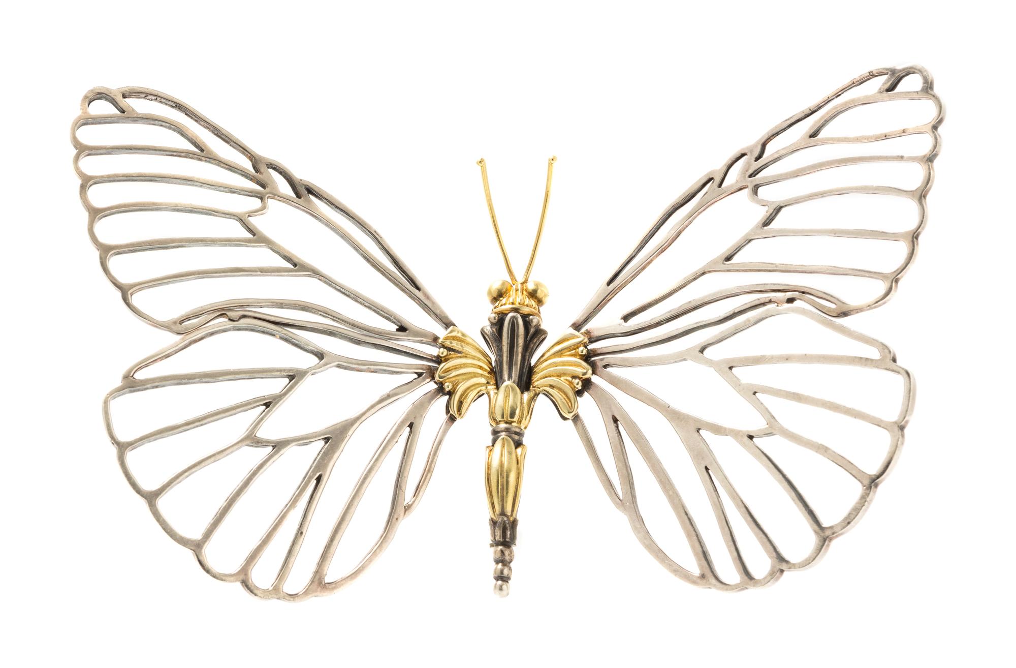 A Sterling Silver and 18 Karat Yellow Gold Caviar Butterfly Brooch, Steven Lagos, 47.40 dwts.