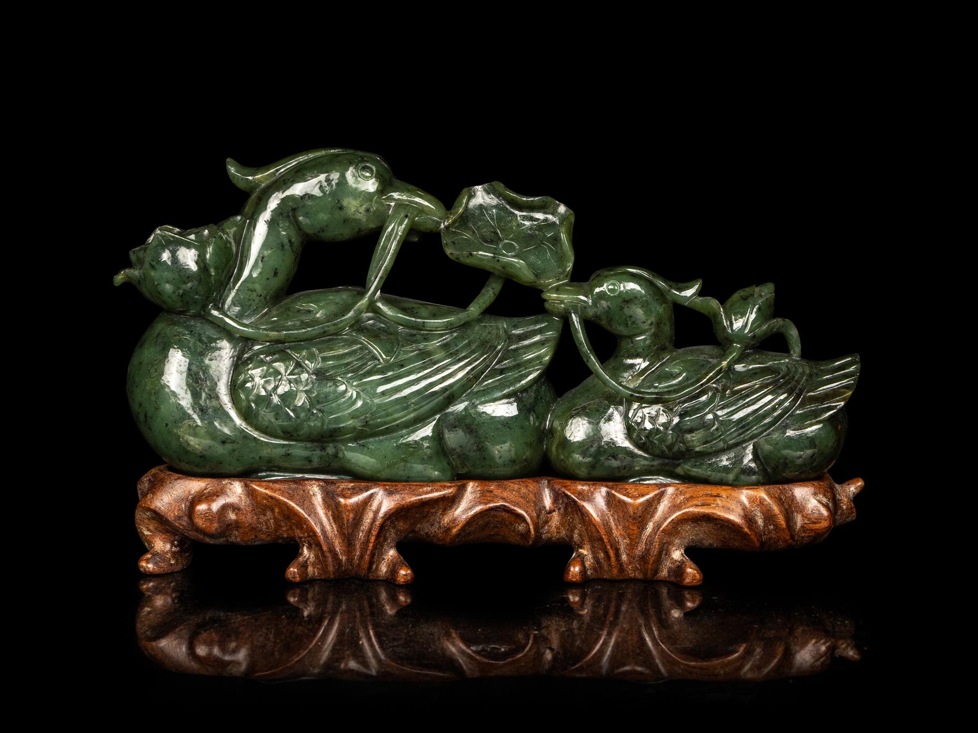 A Chinese Spinach Jade Carving of Mandarin Ducks