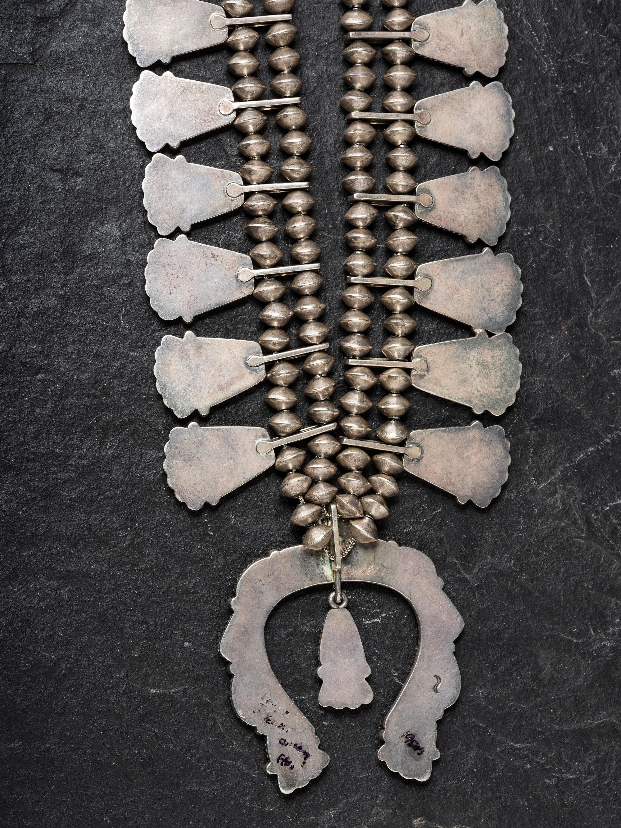 Silver and Black Diamond Turquoise Squash Blossom Necklace and Screwback Earring Set