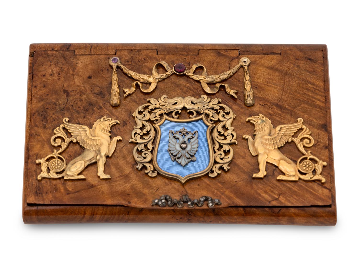 A Russian Silver, Enamel and Jewel Mounted Birch Cigarette Case
