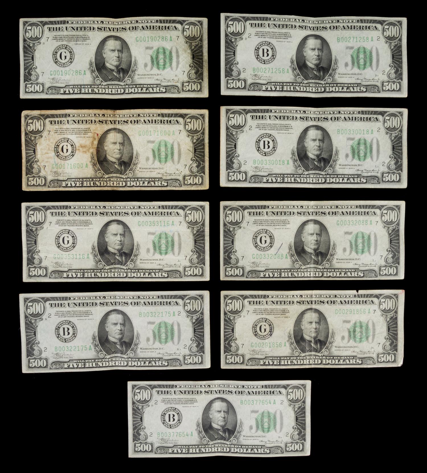 A Collection of Nine United States 1934A $500 Federal Reserve Notes