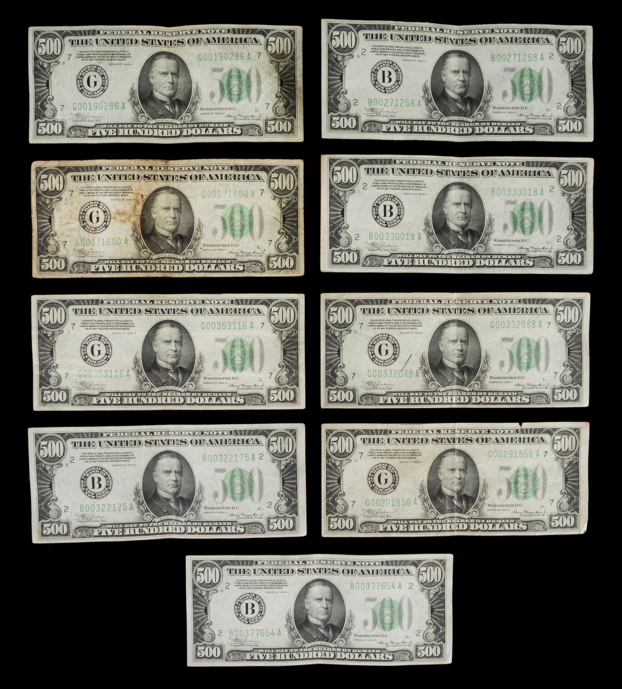 A Collection of Nine United States 1934A $500 Federal Reserve Notes