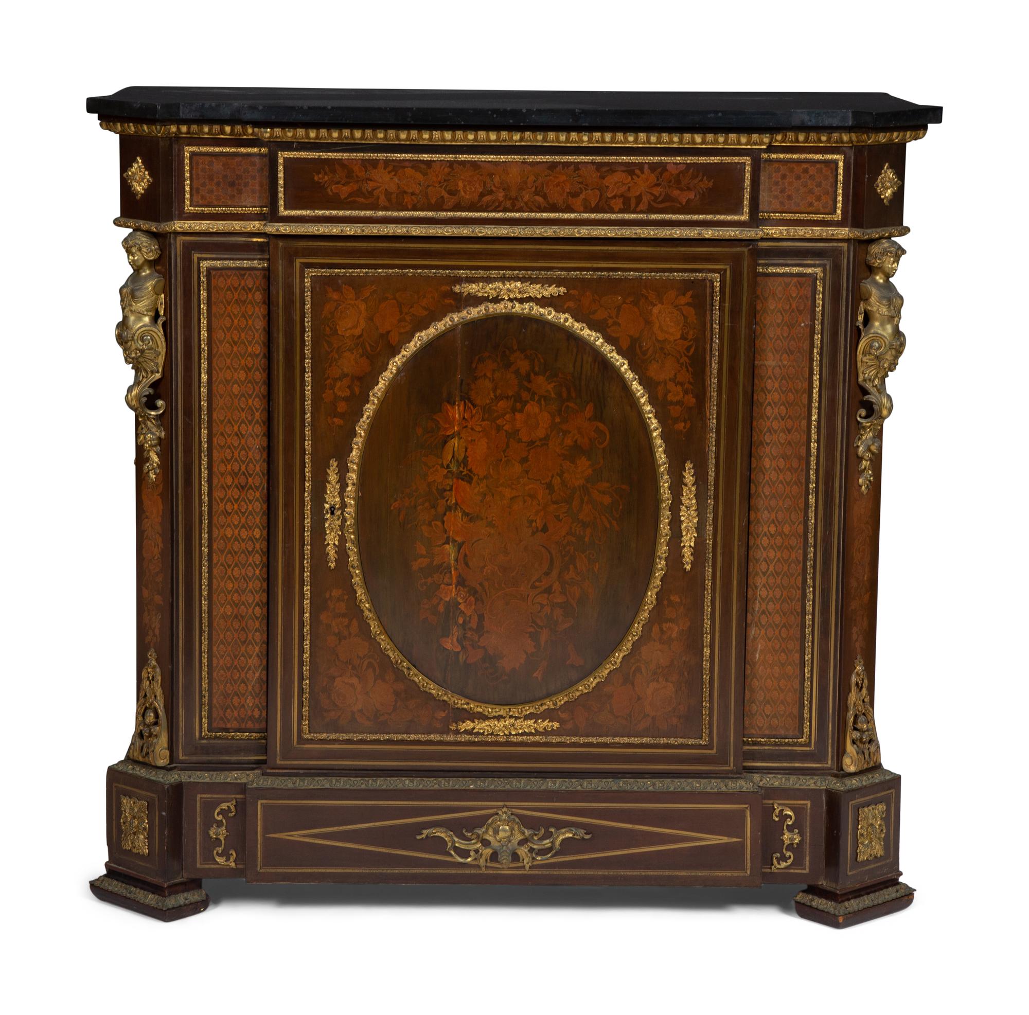 A Napoleon III Style Gilt Bronze Mounted Marquetry Marble-Top Side Cabinet