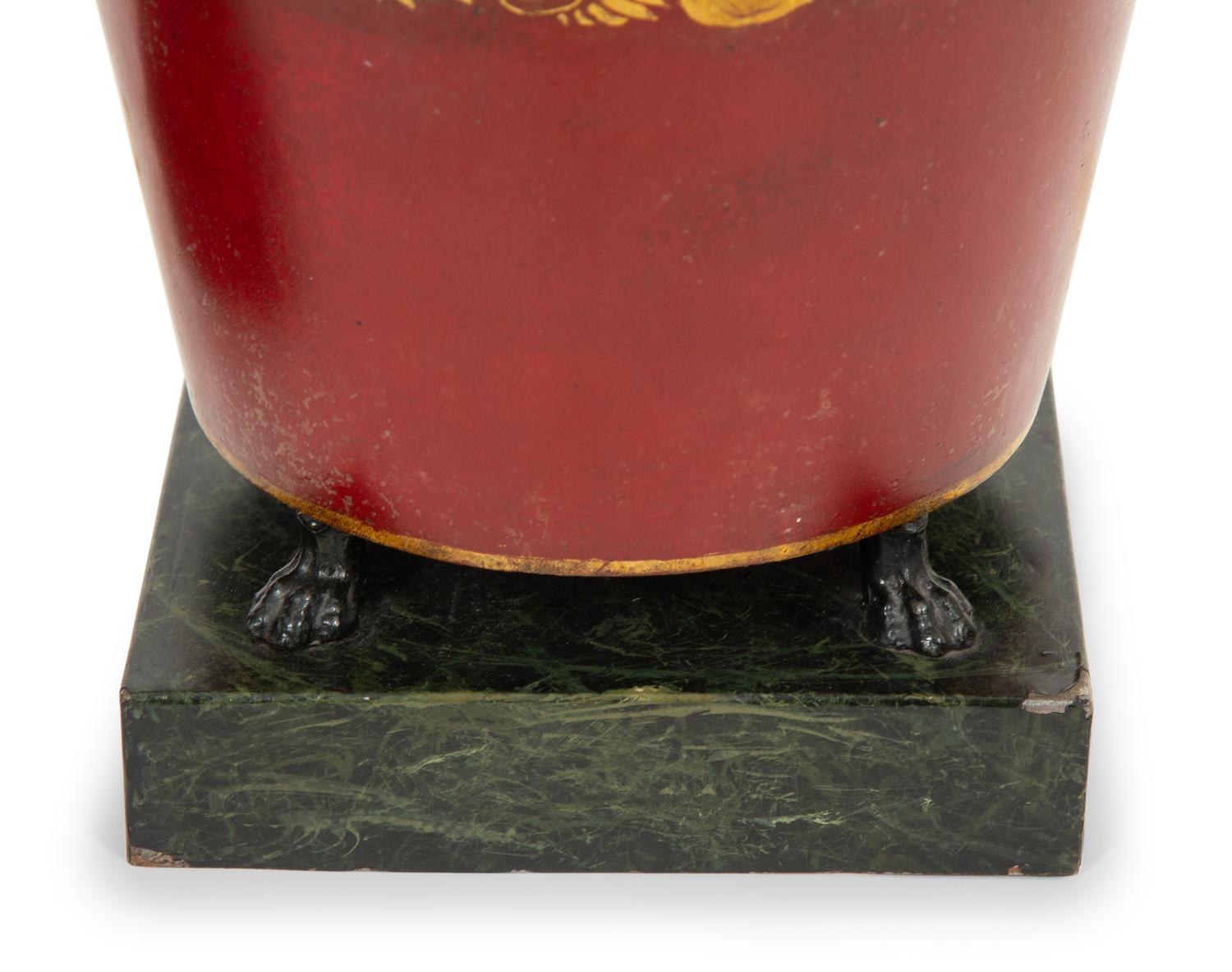 A Pair of French Red and Gilt Tole Peinte Cache Pots
